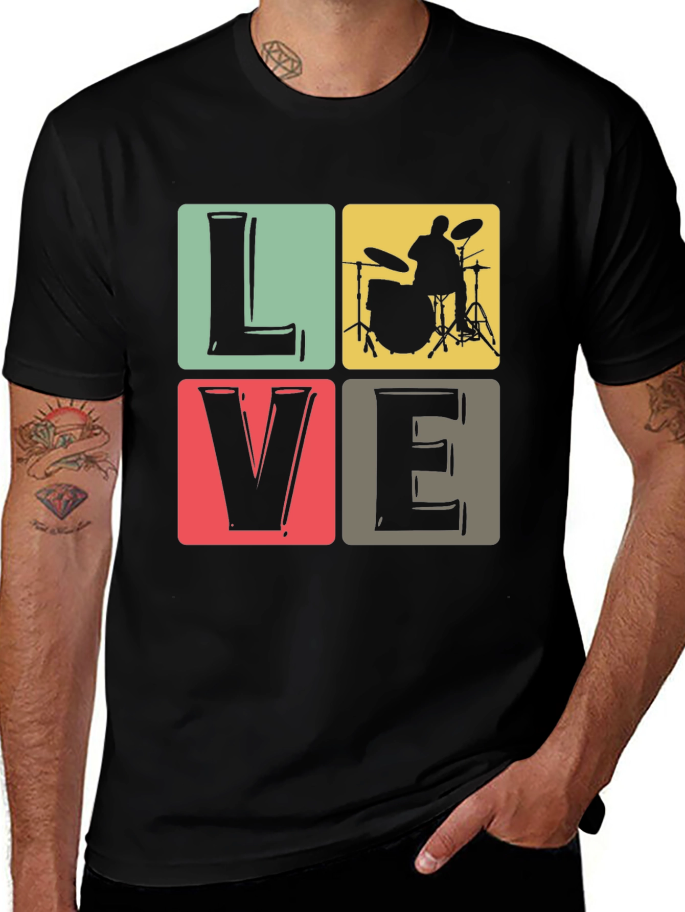 Variant 14 of Love Music Drummer T-Shirt, Black Crew Neck