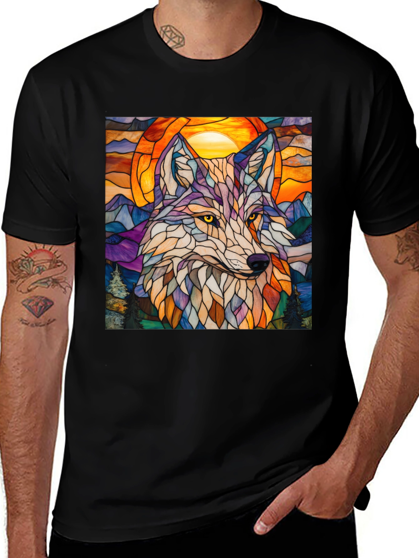 Variant 21 of Stained Glass Wolf Graphic Tee - Men's Black T-Shirt