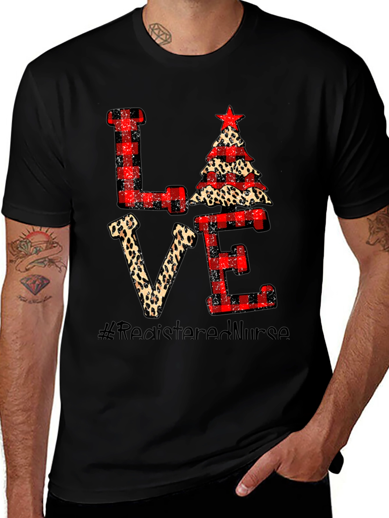LOVE Registered Nurse Christmas Themed Black T-Shirt