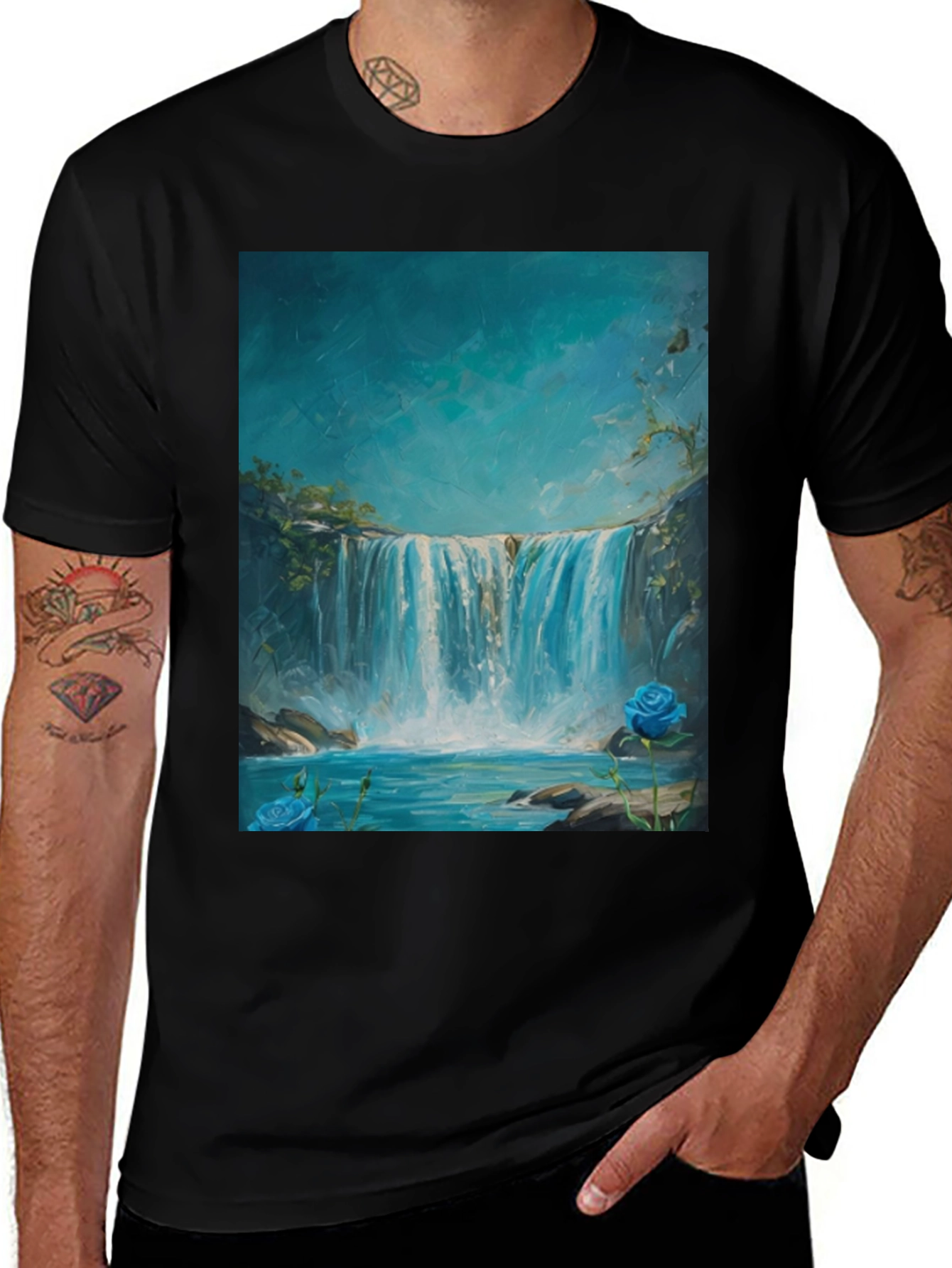 Waterfall Art Graphic T-Shirt - Black