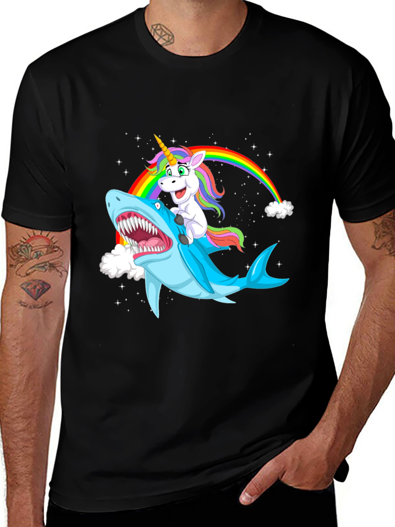 Variant 6 of Unicorn Riding Shark Black Graphic Tee
