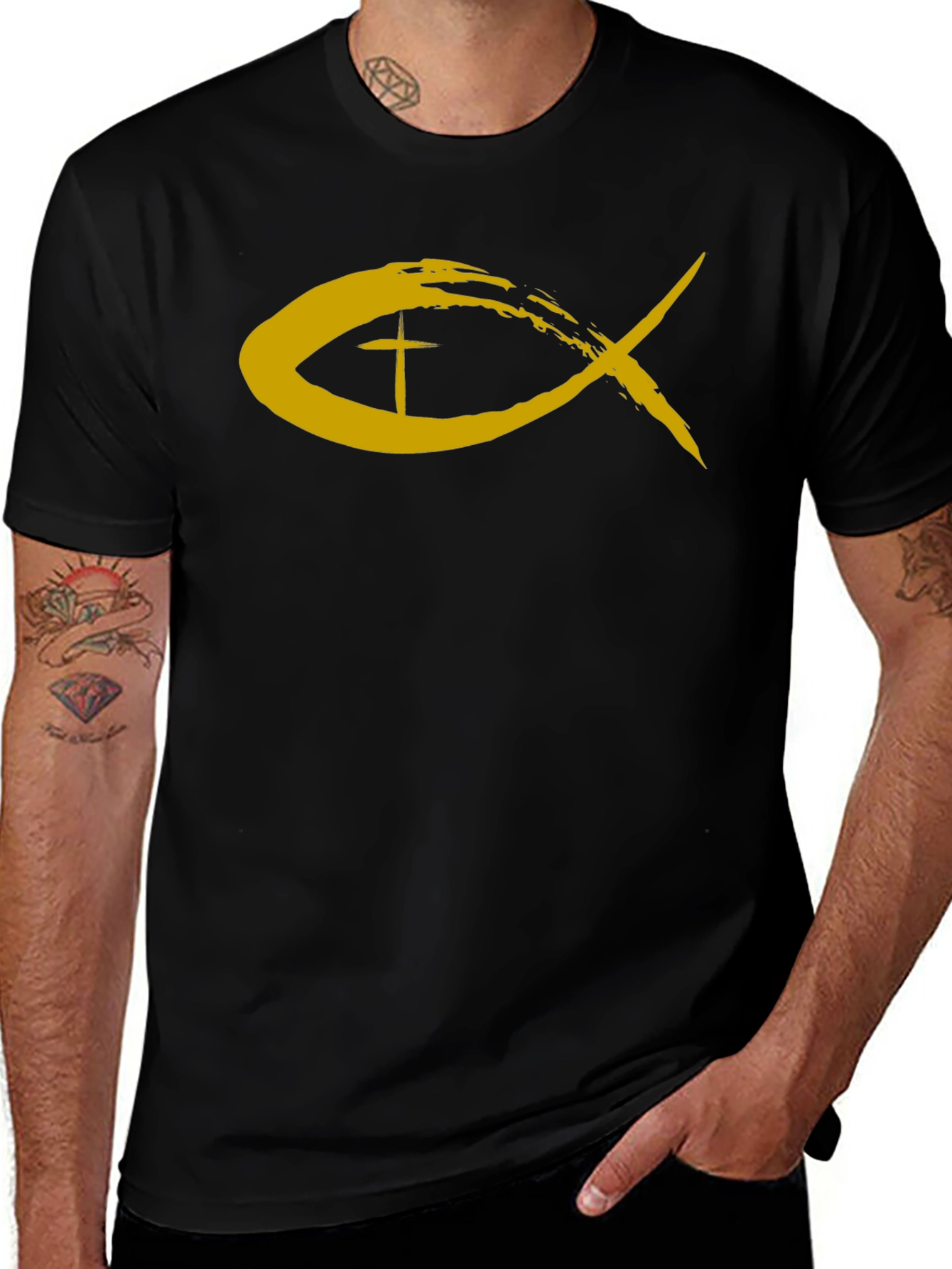 Christian Fish Symbol Graphic Tee - Black
