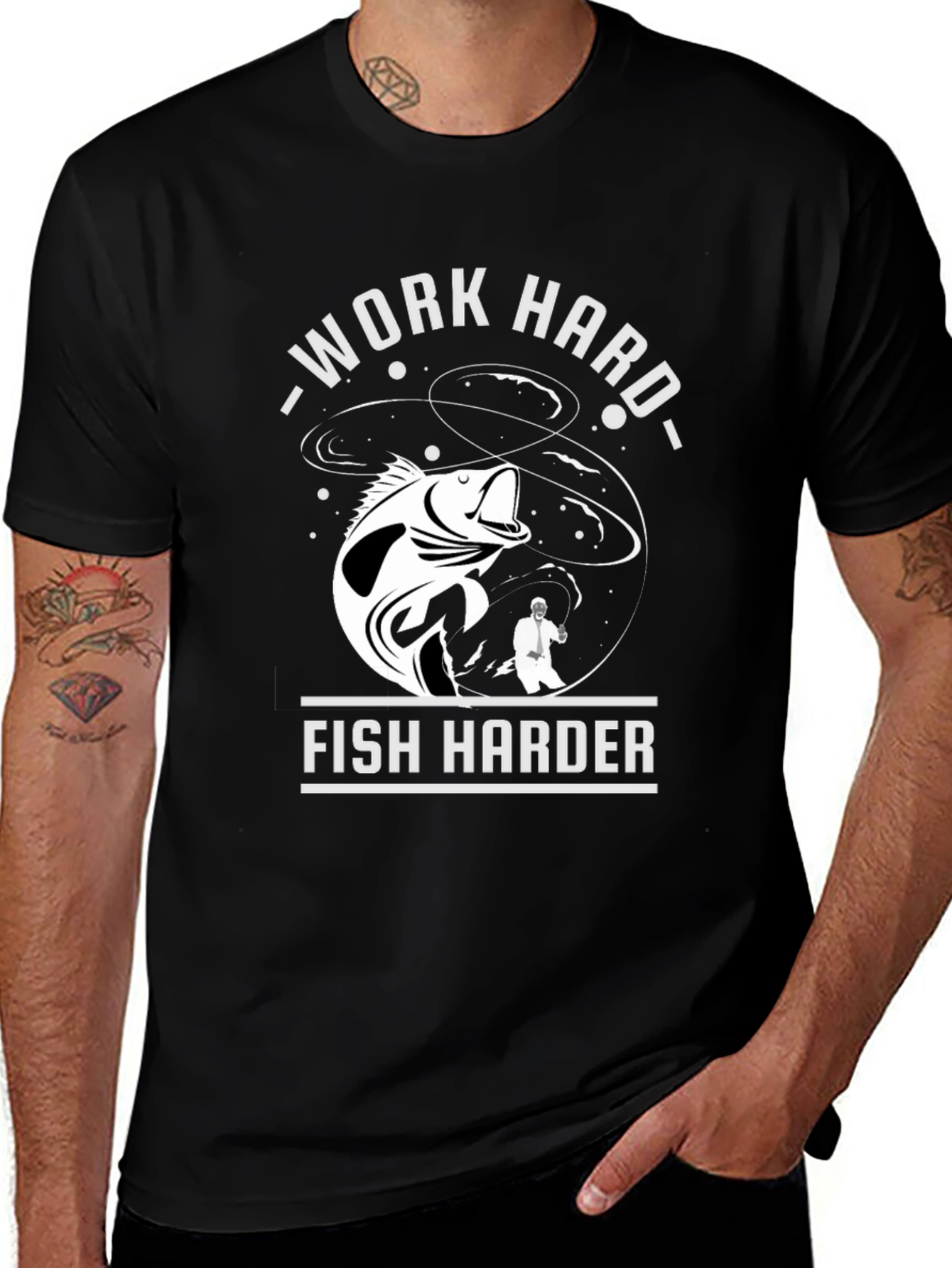 Black Work Hard Fish Harder Graphic T-Shirt main image