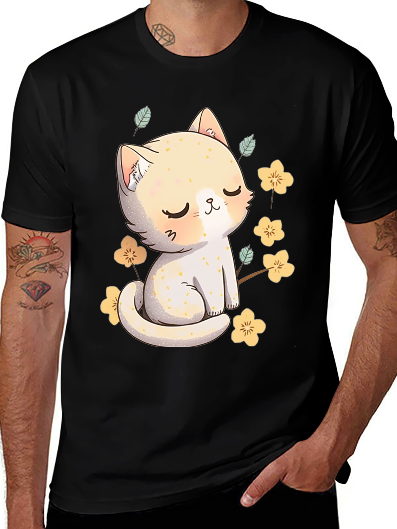 Variant 17 of Cute Cartoon Cat with Flowers Graphic T-Shirt