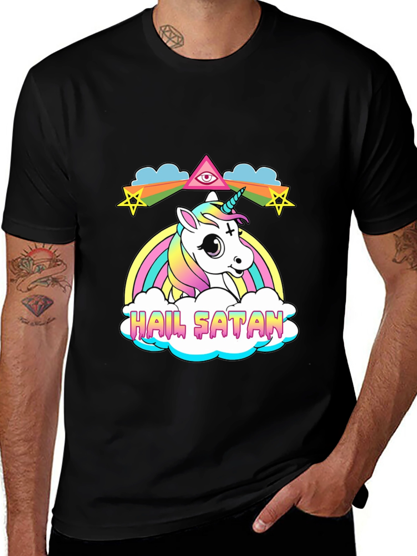 Variant 16 of Hail Satan Unicorn T-Shirt - Rainbow Occult Design