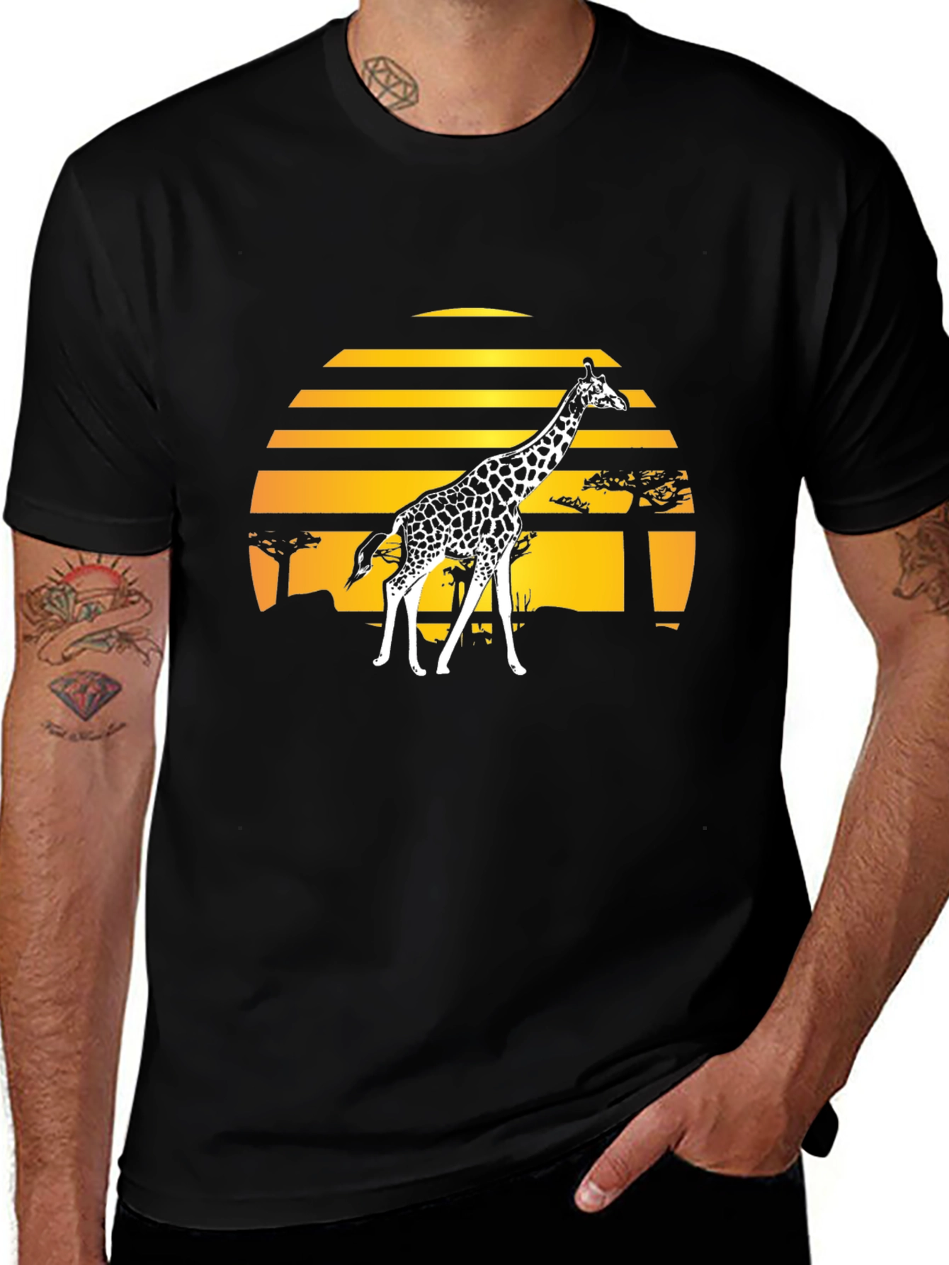 Variant 16 of Giraffe Sunset Graphic Tee - Stylish Black T-Shirt