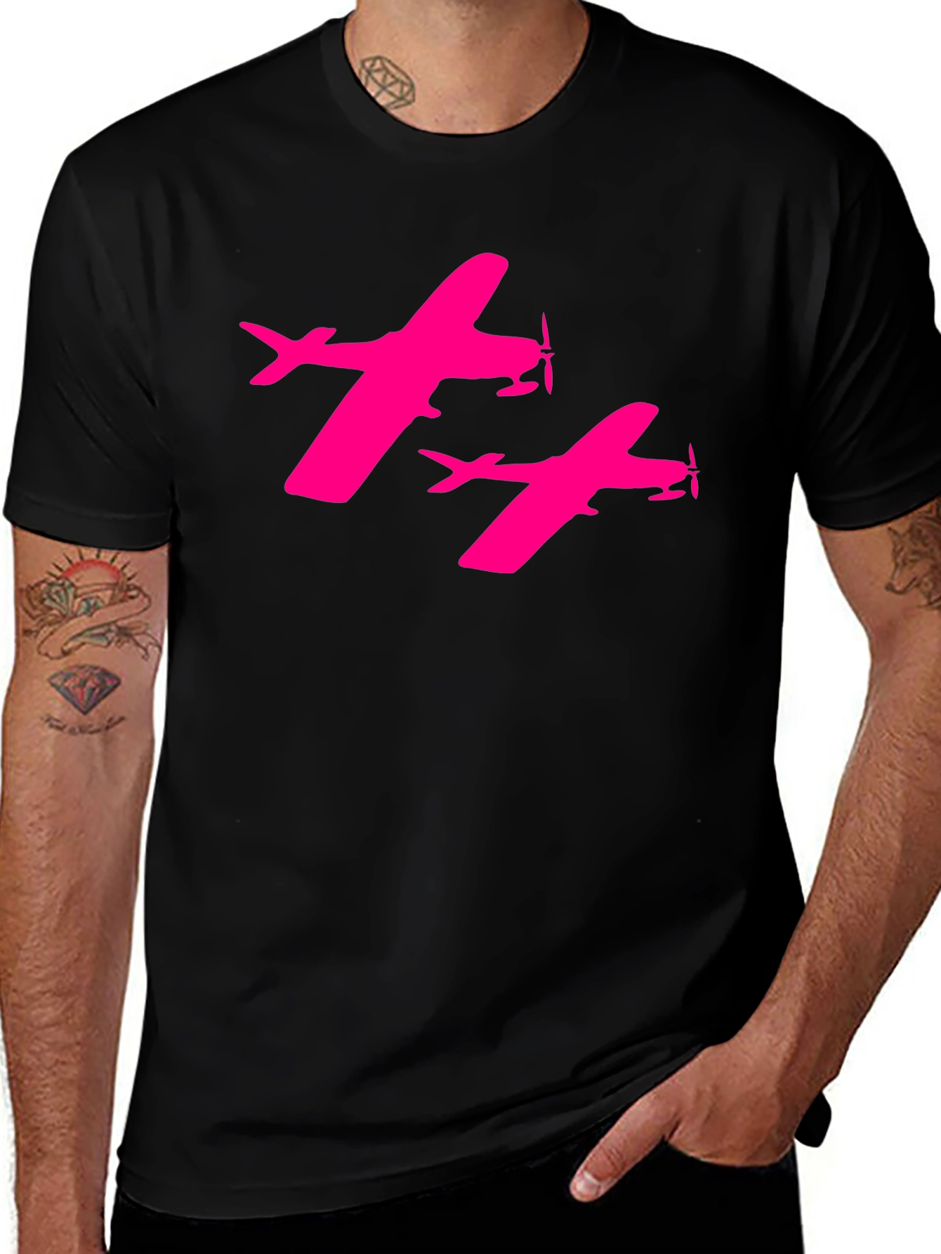 Variant 14 of Pink Airplane Graphic Black T-Shirt