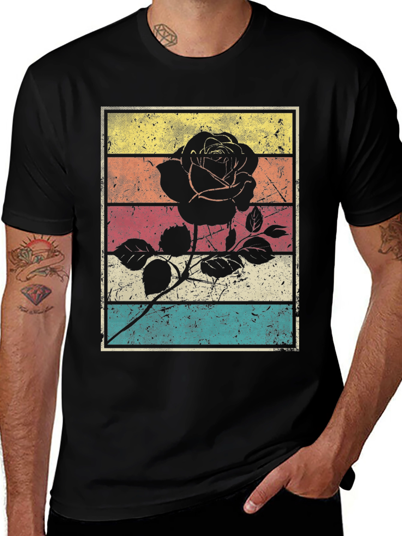 Variant 10 of Retro Rose Graphic Tee - Vintage Style Black T-Shirt