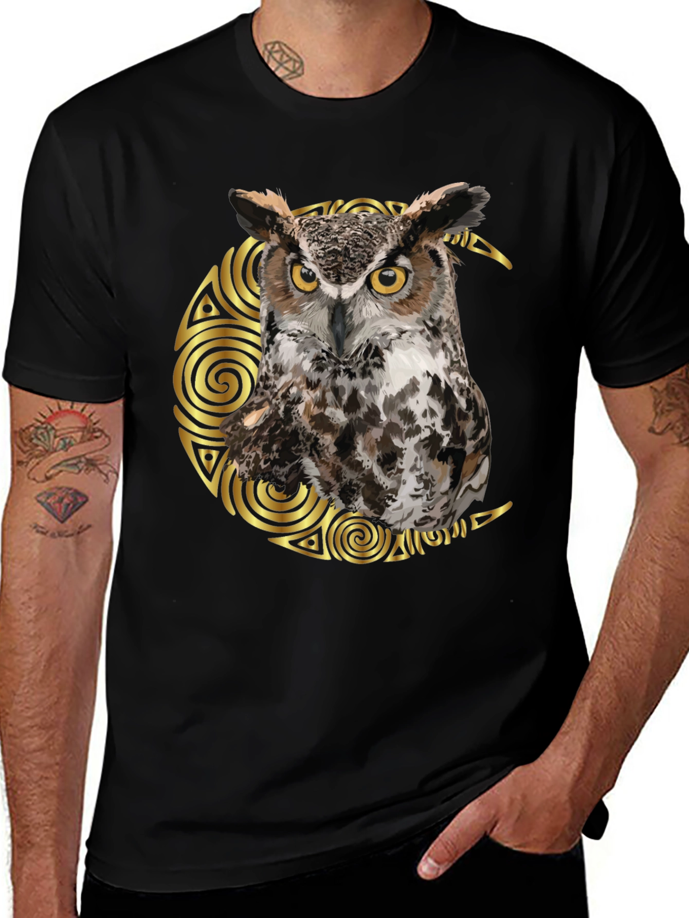 Variant 3 of Owl and Crescent Moon Graphic Black T-Shirt