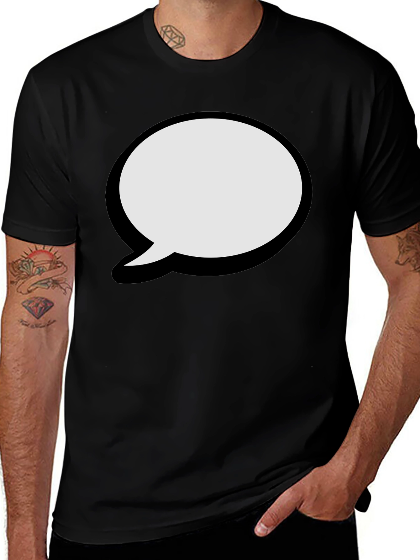 Variant 10 of Men's Black T-Shirt with Speech Bubble Design