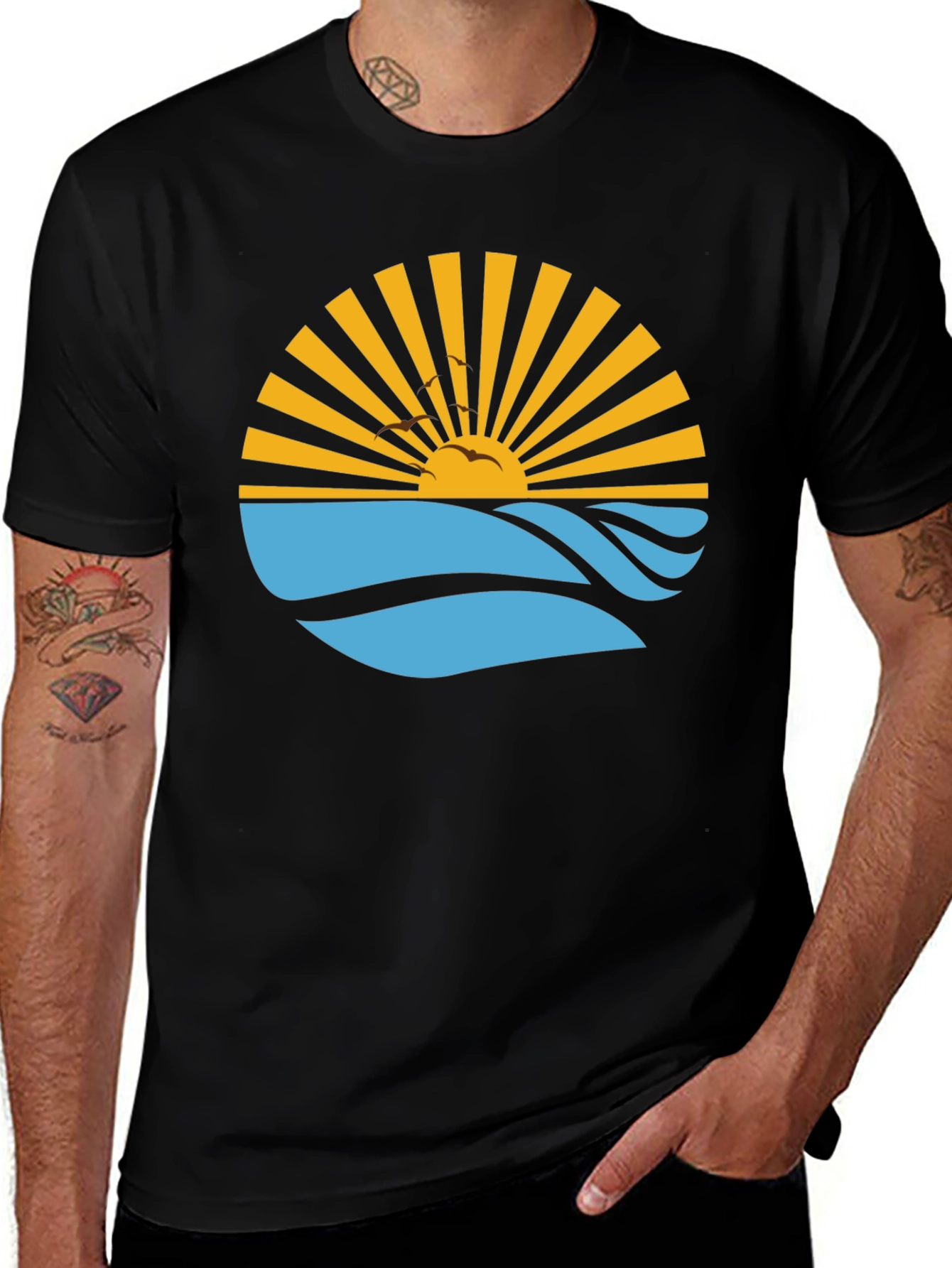 Variant 27 of Sunrise Waves Graphic Tee - Black Cotton T-Shirt