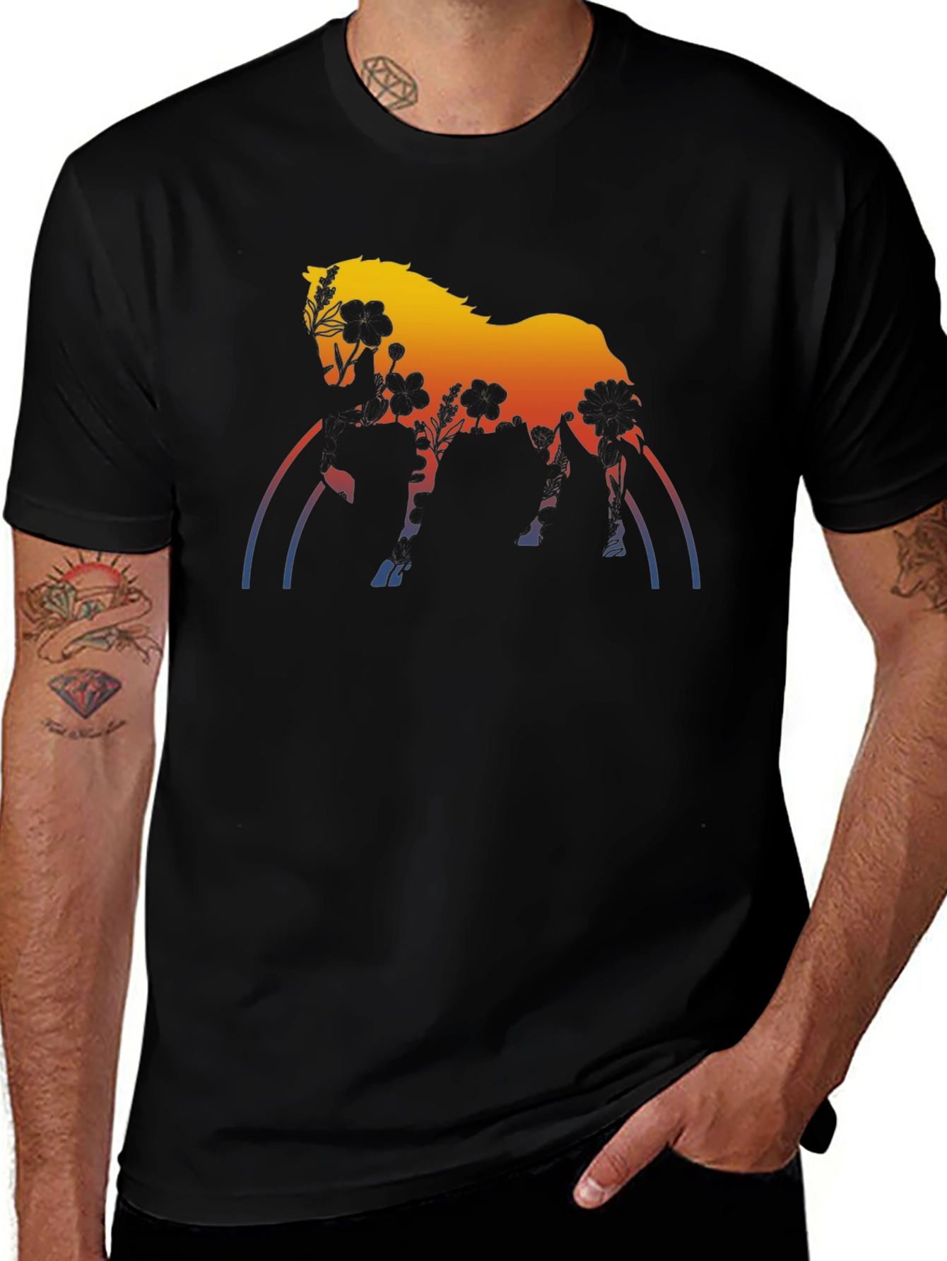 Variant 18 of Floral Horse Graphic Tee - Unique Sunset Rainbow Design