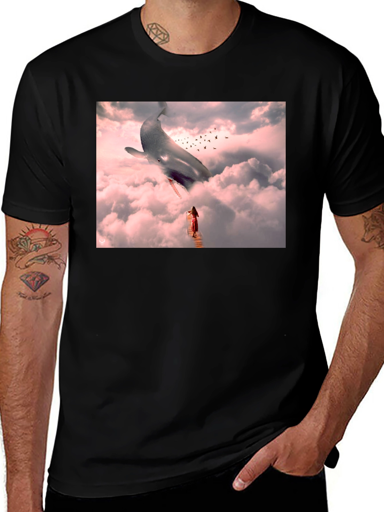 Variant 25 of Whimsical Whale Dream T-Shirt - Black Cotton Blend