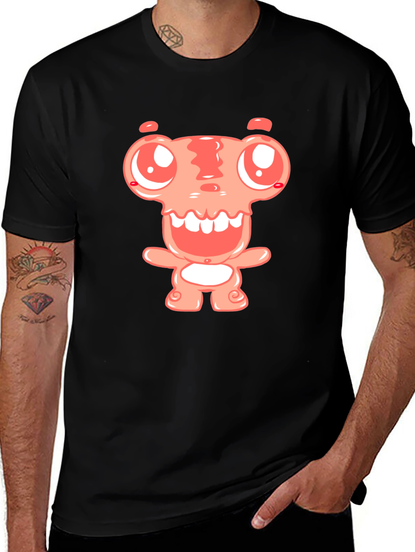 Variant 17 of Cartoon Monster Graphic Tee - Black Cotton Blend Shirt