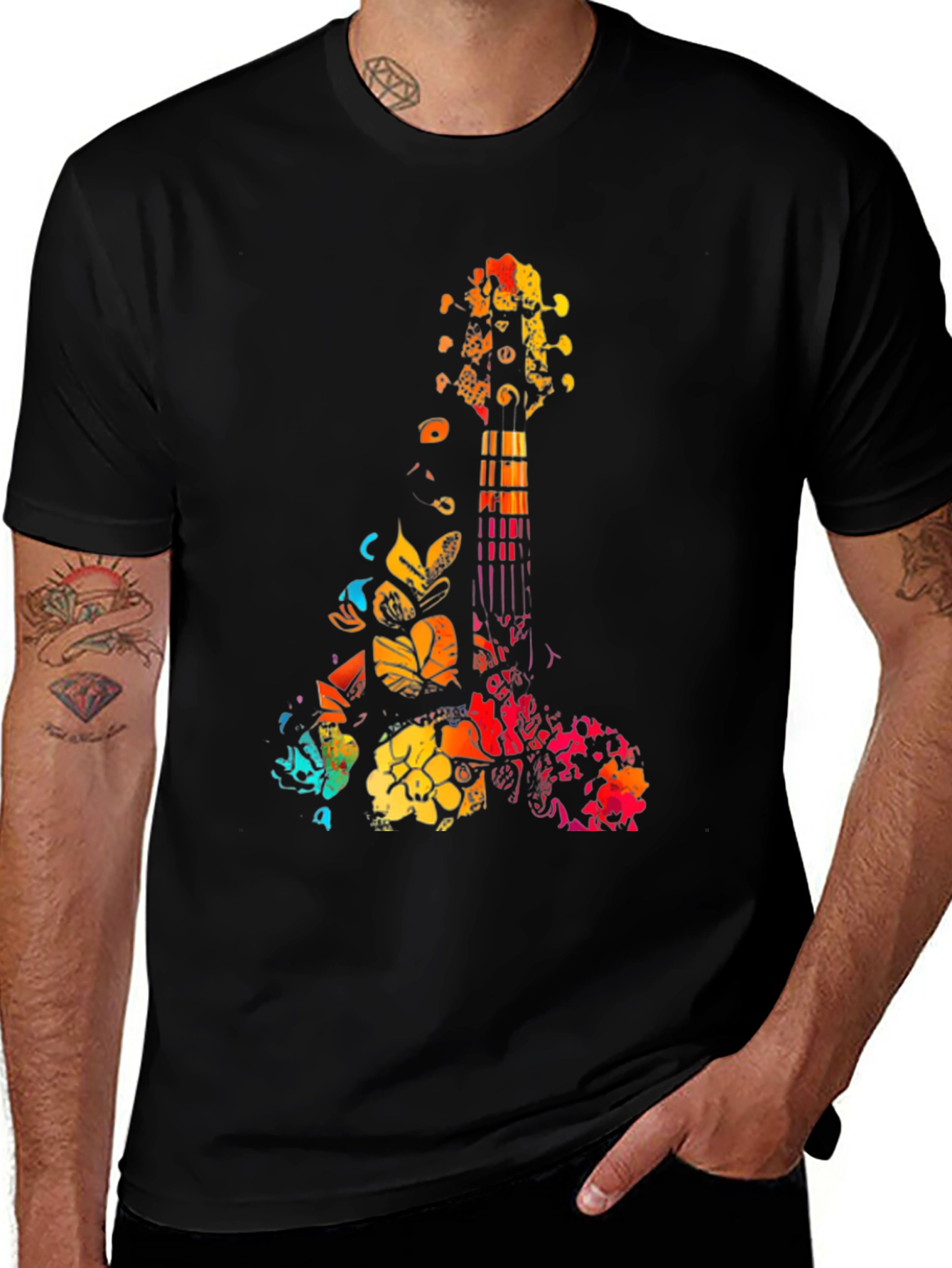 Variant 12 of Floral Guitar Graphic Tee - Men's Black T-Shirt