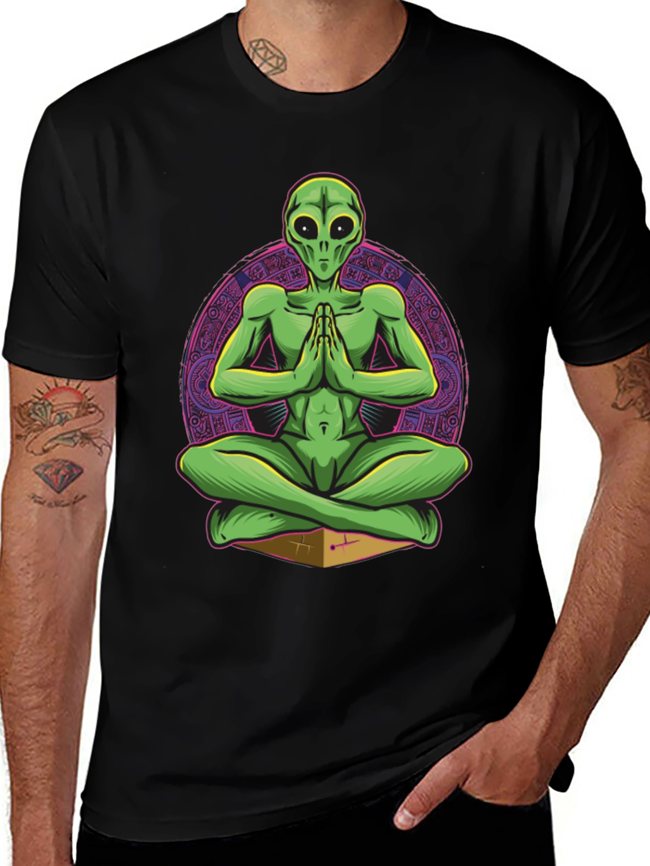 Variant 18 of Meditating Alien Graphic Tee - Black Cotton T-Shirt