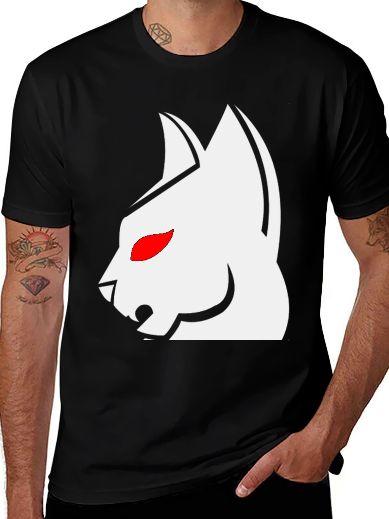 Variant 25 of Black T-Shirt with White Cat Graphic & Red Eyes