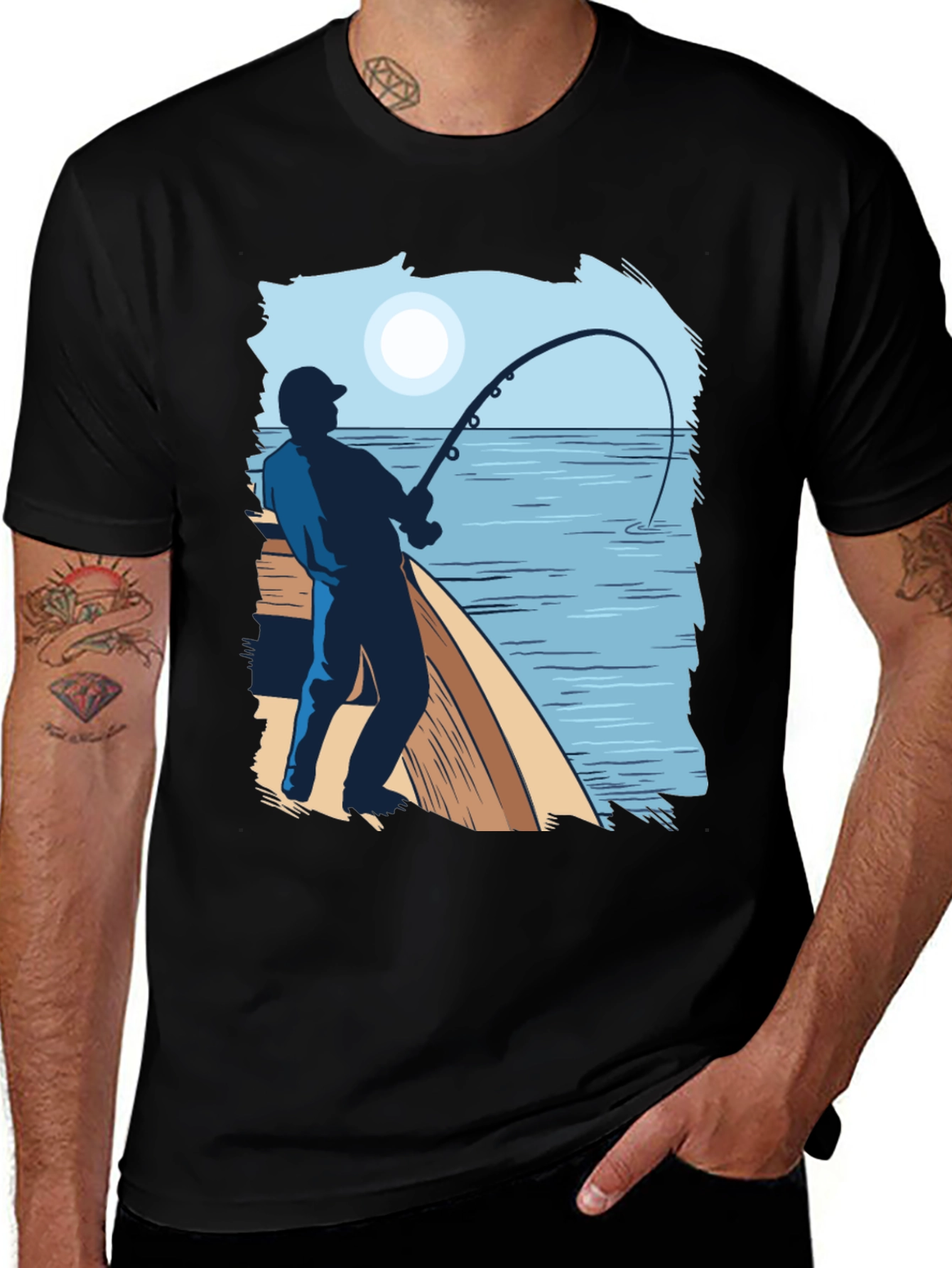 Variant 28 of Fisherman Graphic T-Shirt - Black Cotton Tee