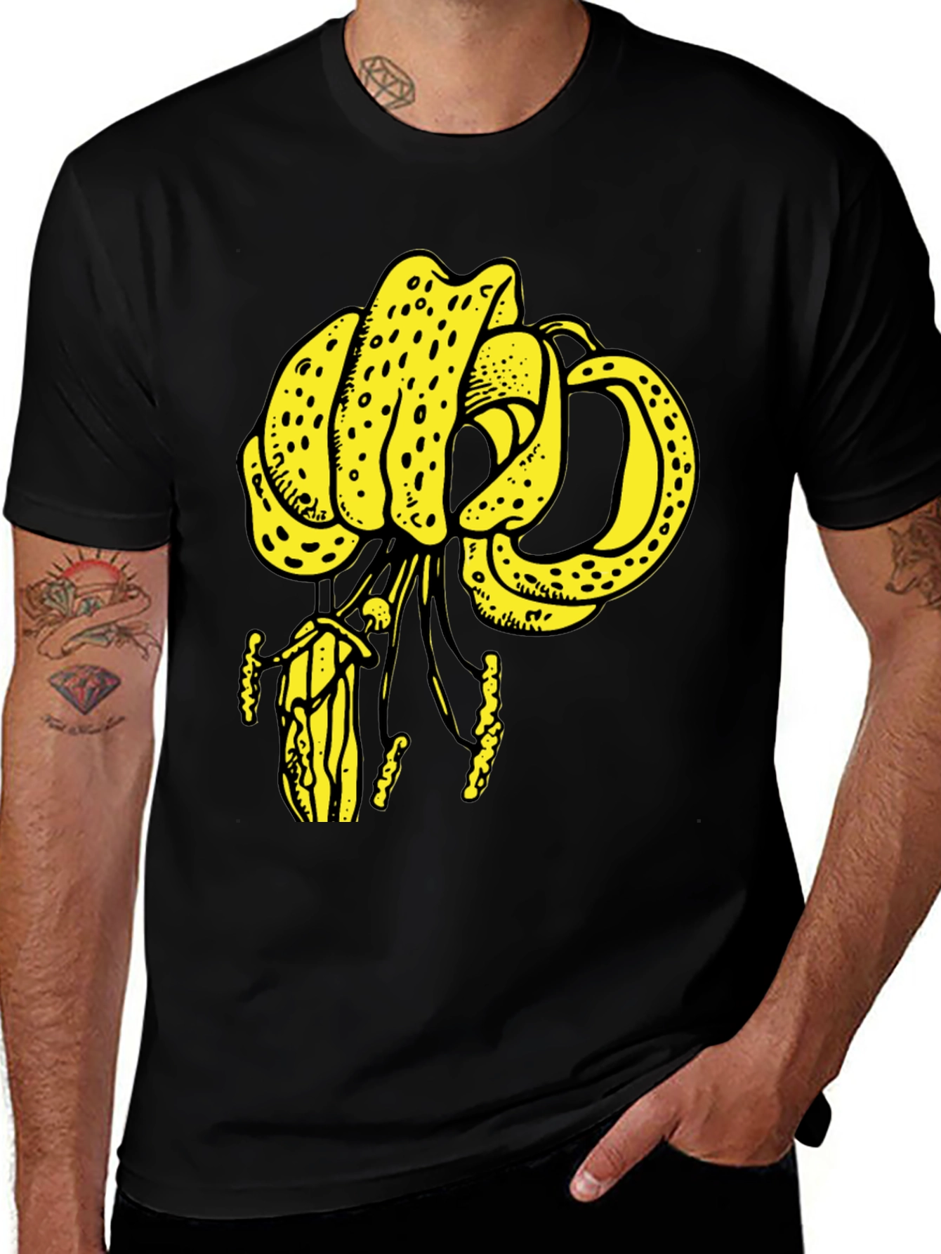 Graphic Tee - Bold Yellow Flower Print Black T-Shirt