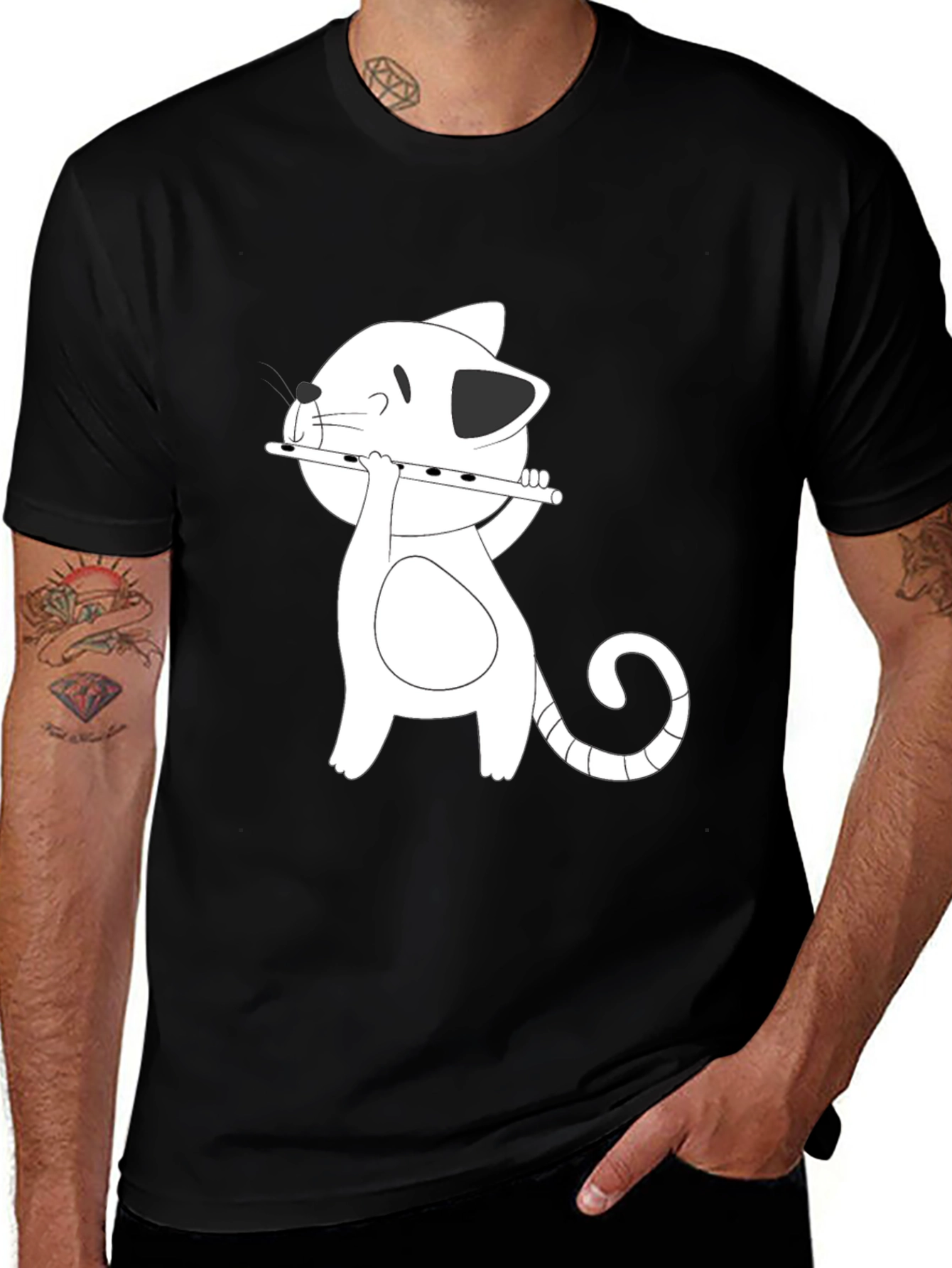 Variant 30 of Cartoon Cat Flute Player Black T-Shirt