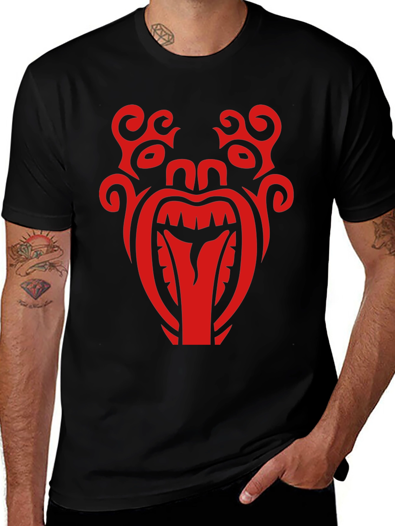 Variant 10 of Red Tribal Graphic Print Black T-Shirt