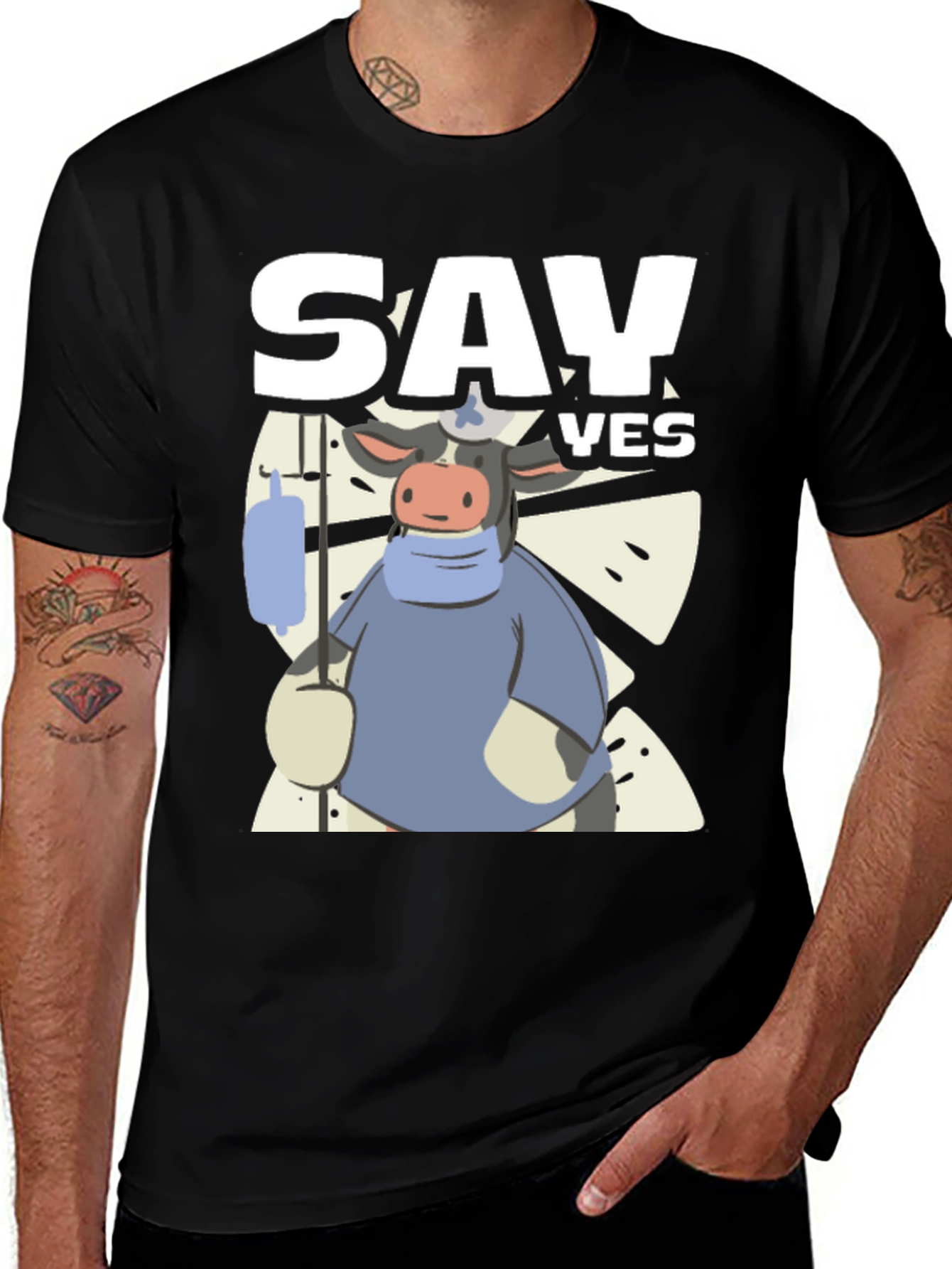 Variant 25 of Say Yes Cartoon Cow Black T-Shirt