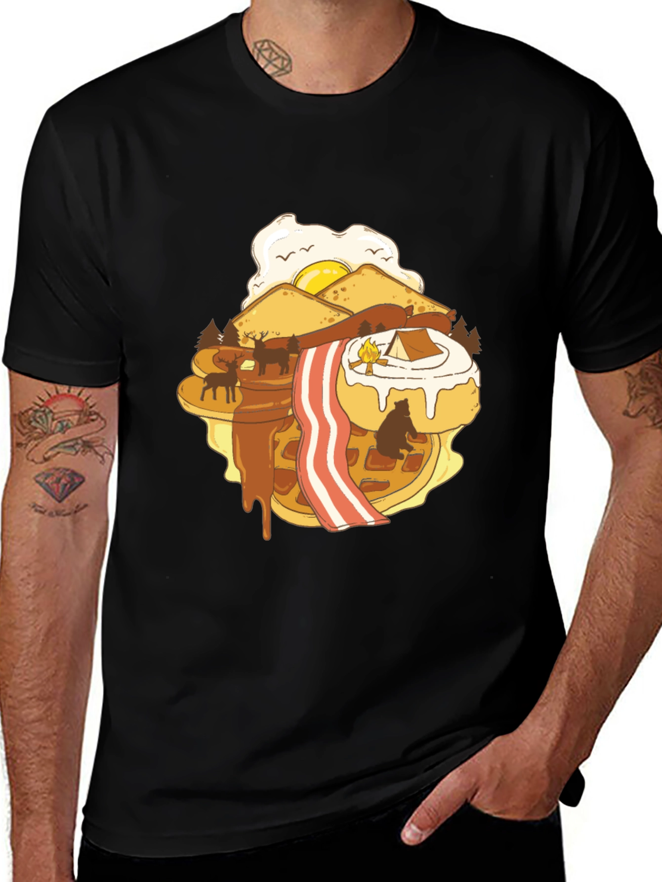 Variant 12 of Breakfast Camp T-Shirt: Waffles, Bacon, Egg & Bear Design