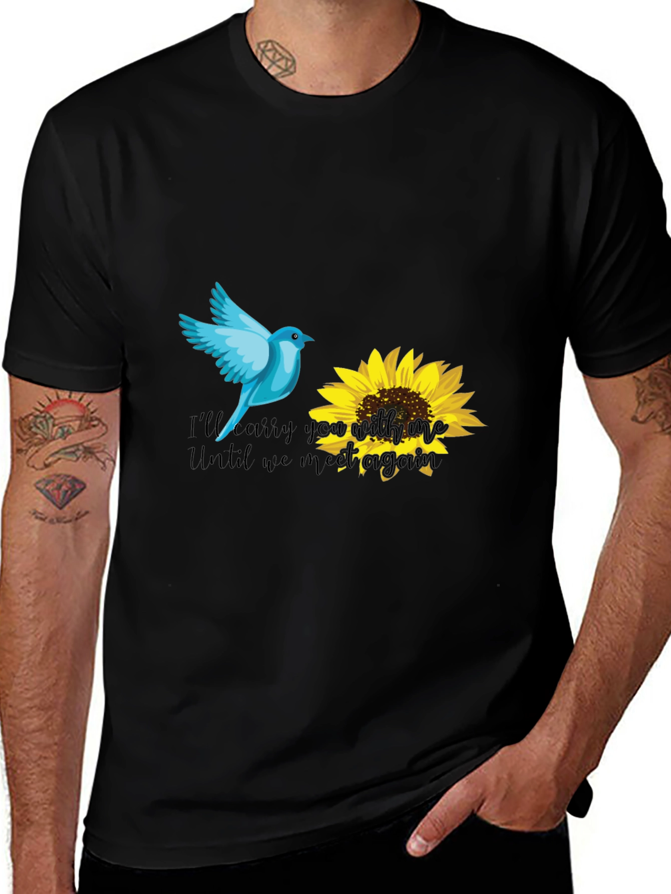 Variant 20 of Blue Bird & Sunflower Graphic Black T-Shirt