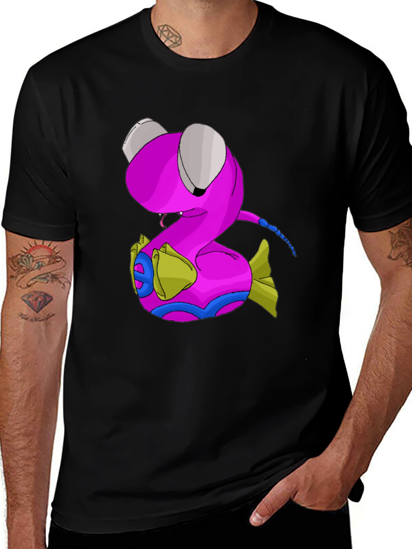Variant 17 of Cartoon Pink Worm Graphic Tee - Casual Black T-Shirt