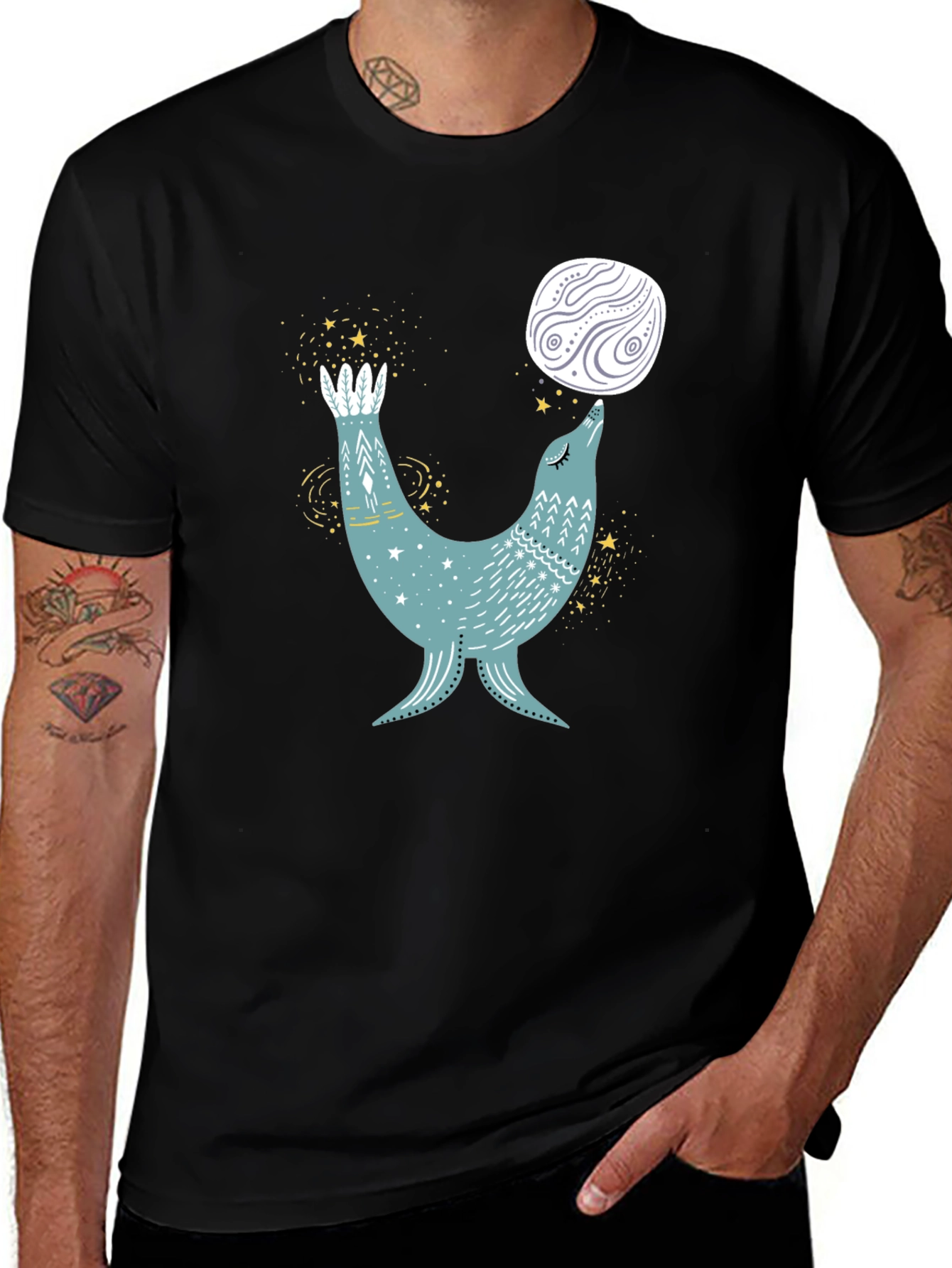 Variant 25 of Whimsical Seal Graphic Tee - Men's Black Cotton Shirt