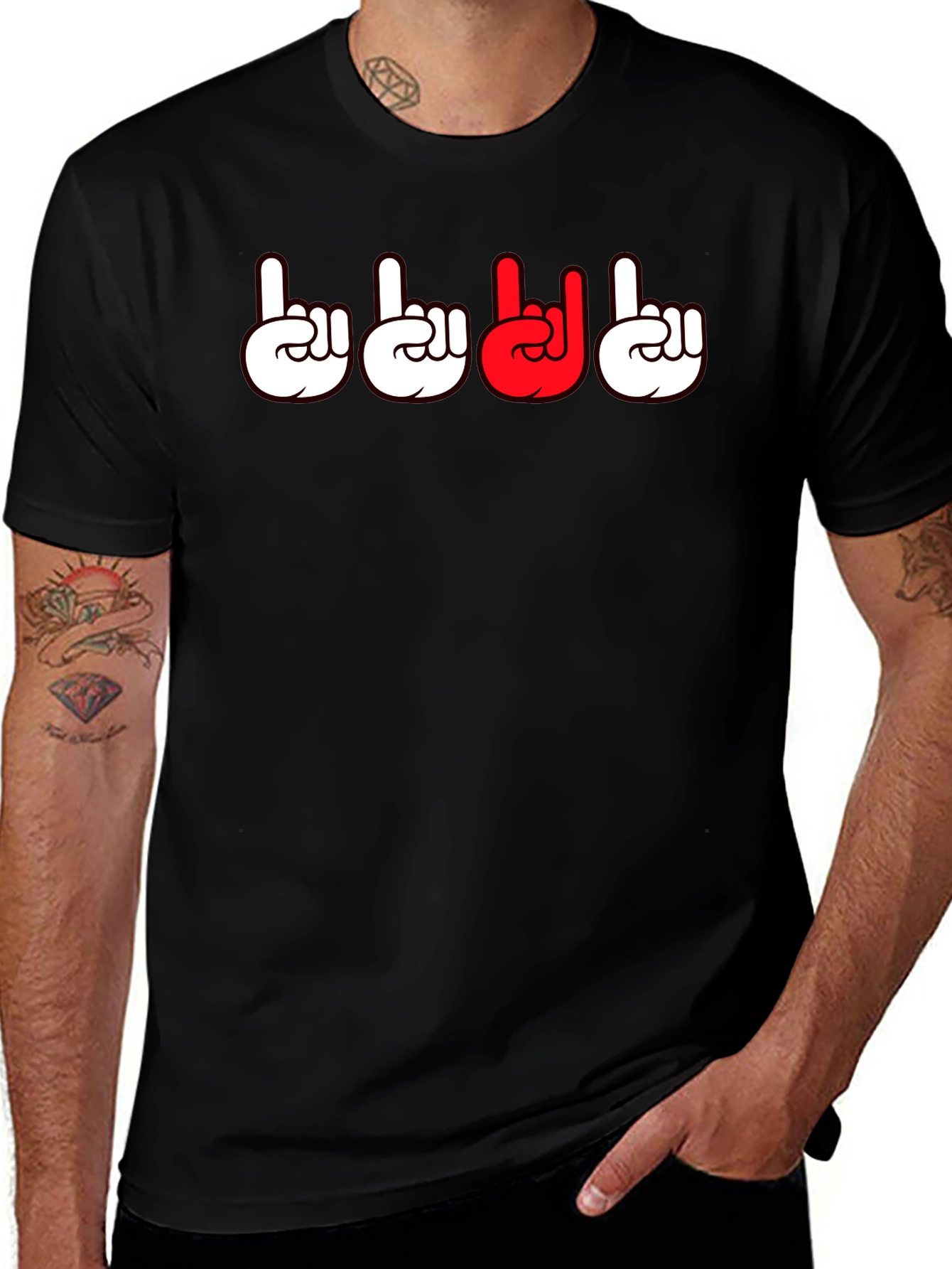 Variant 17 of Rock On Hand Sign Graphic Tee - Black Cotton T-Shirt