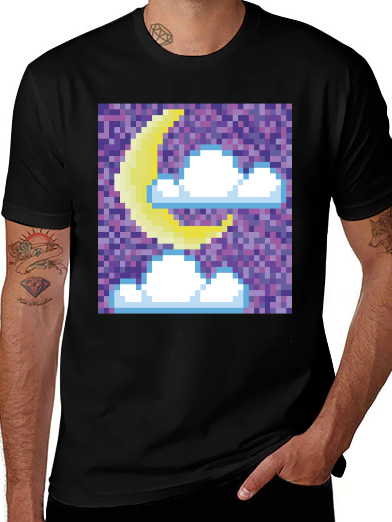 Variant 25 of Pixel Moon and Clouds Graphic Tee - Black