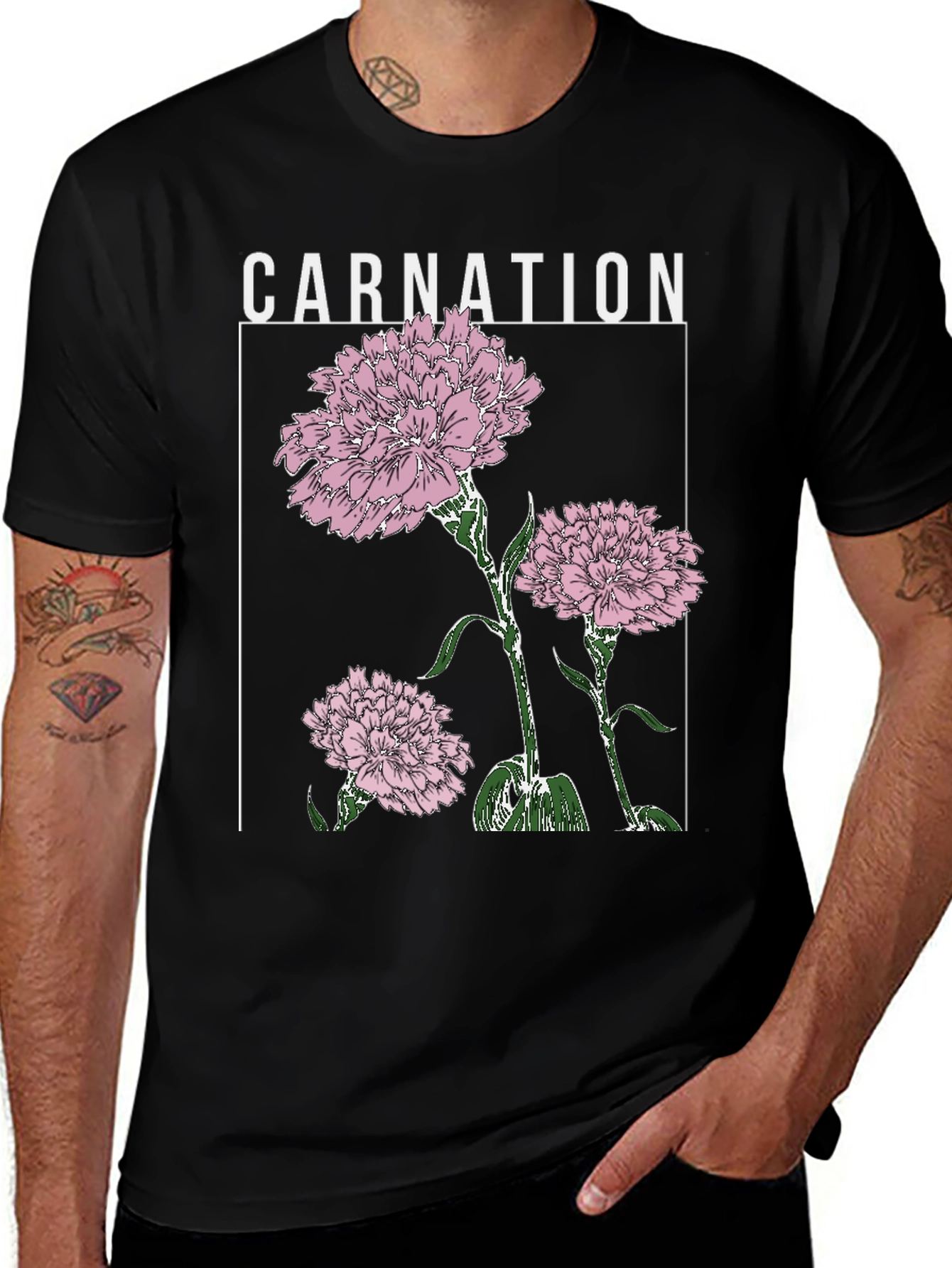 Variant 24 of Carnation Flower Graphic Print Black T-Shirt