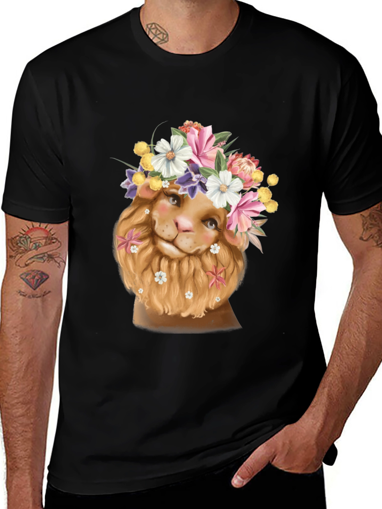 Variant 2 of Lion Flower Crown Graphic Tee - Unique Design