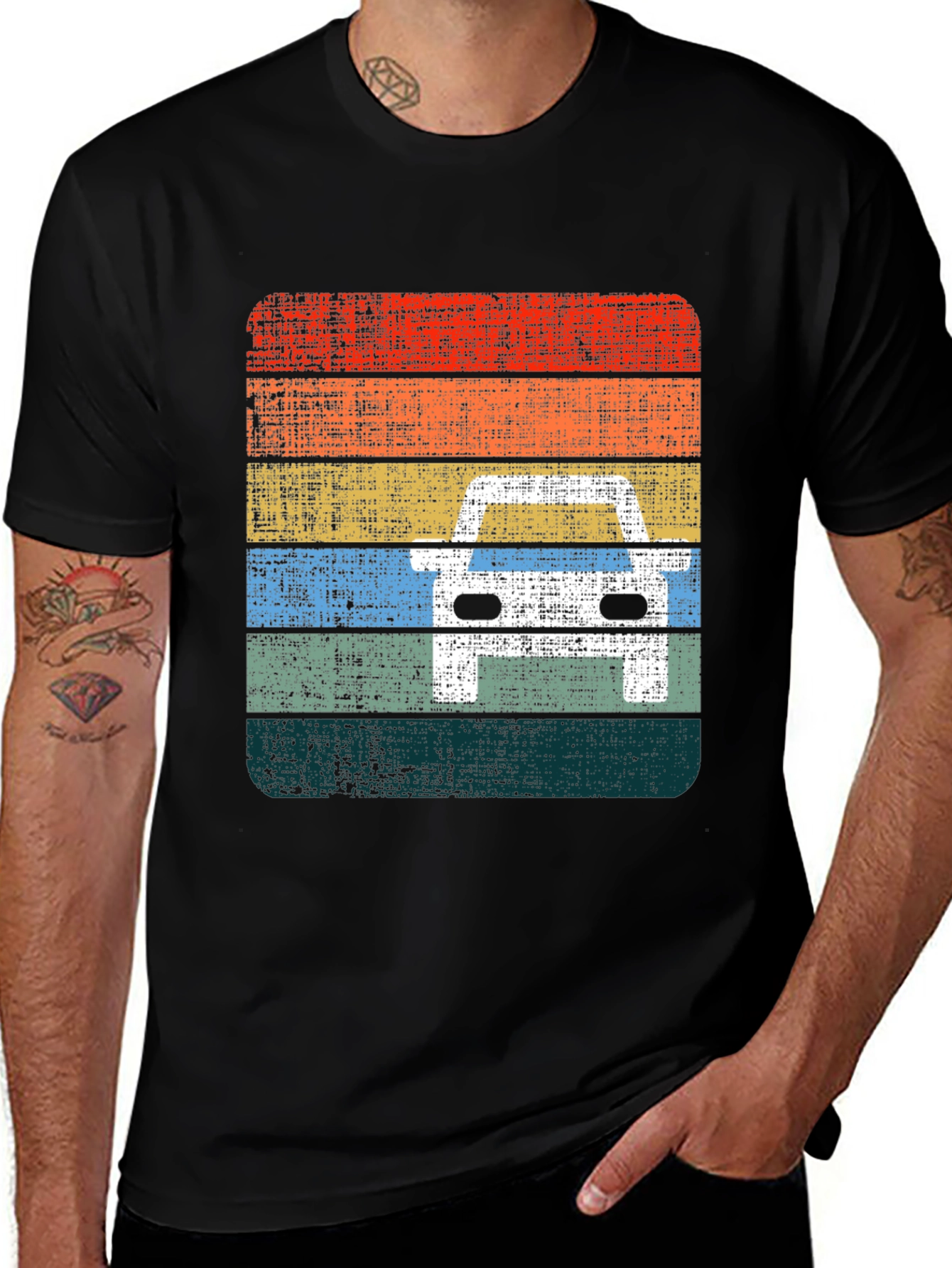 Variant 20 of Retro Car Graphic Tee - Distressed Stripe Design