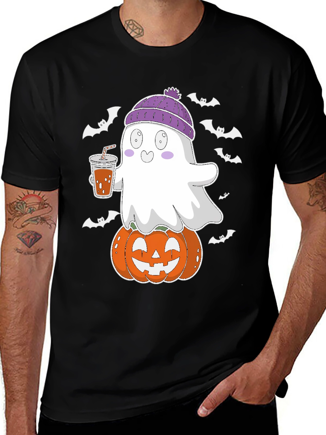 Halloween Ghost on Pumpkin Black T-Shirt