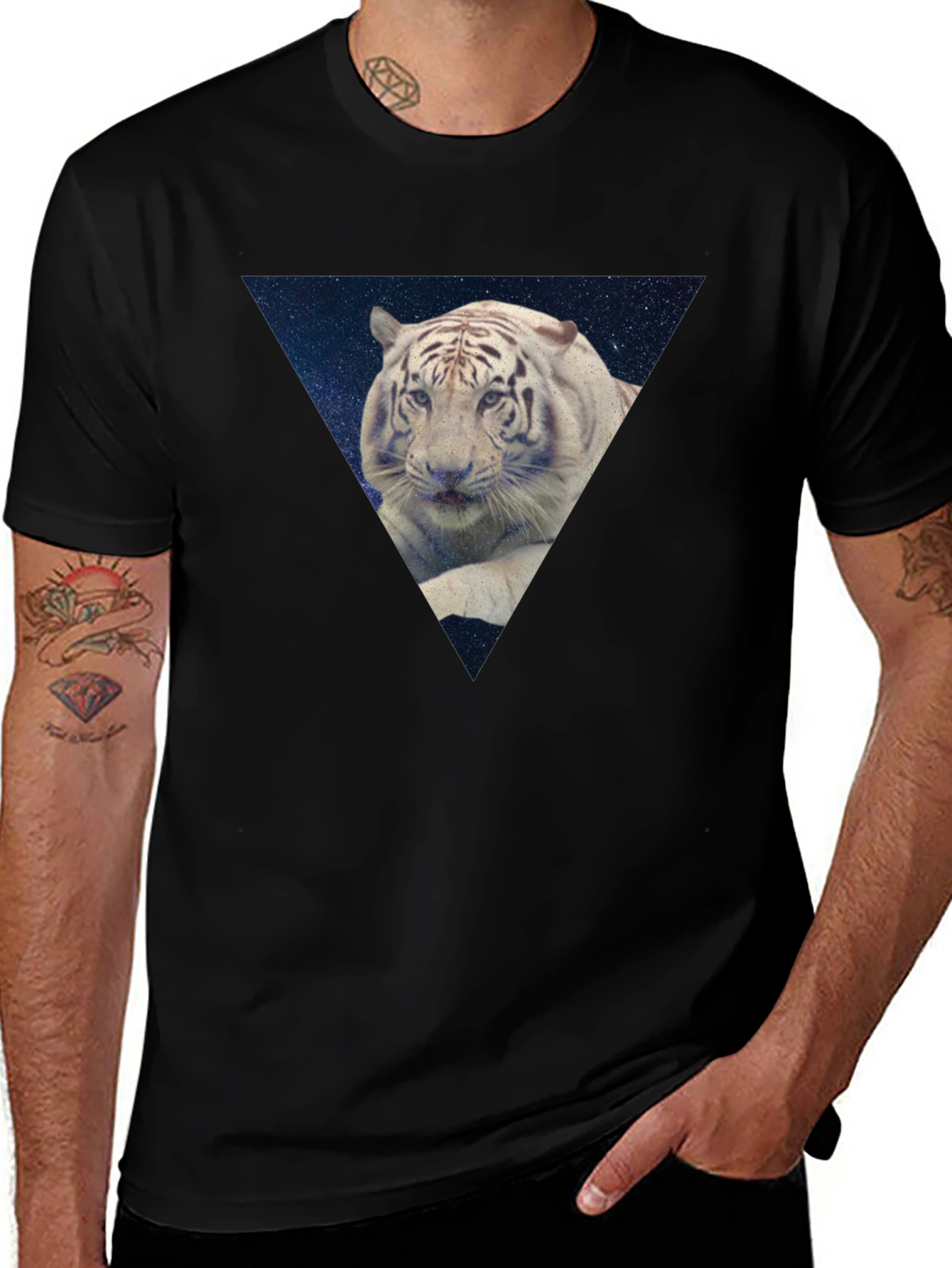 Variant 15 of White Tiger Galaxy Triangle Graphic Tee - Men's Black T-Shirt