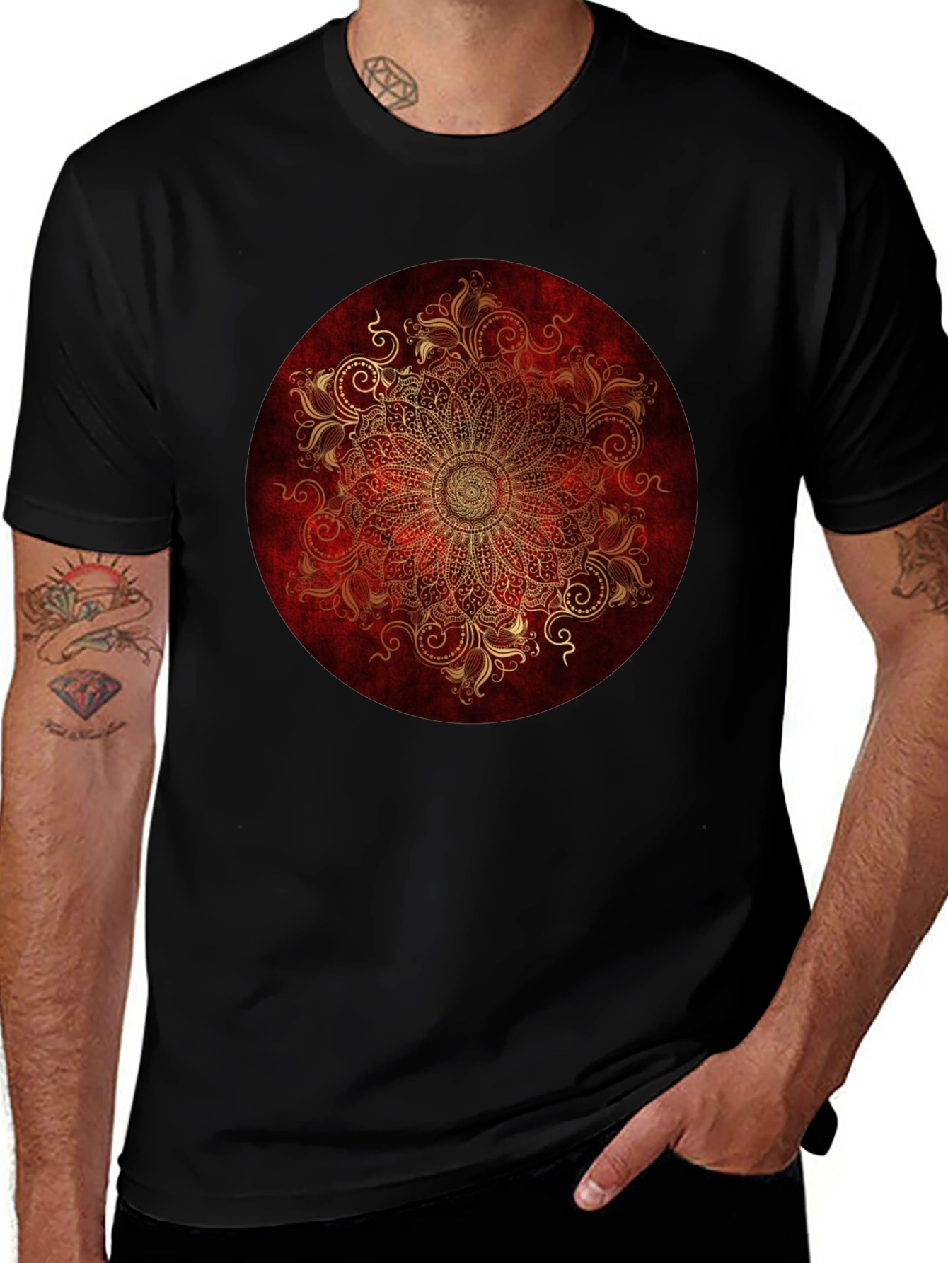 Variant 5 of Ornate Mandala Graphic Tee - Red & Gold