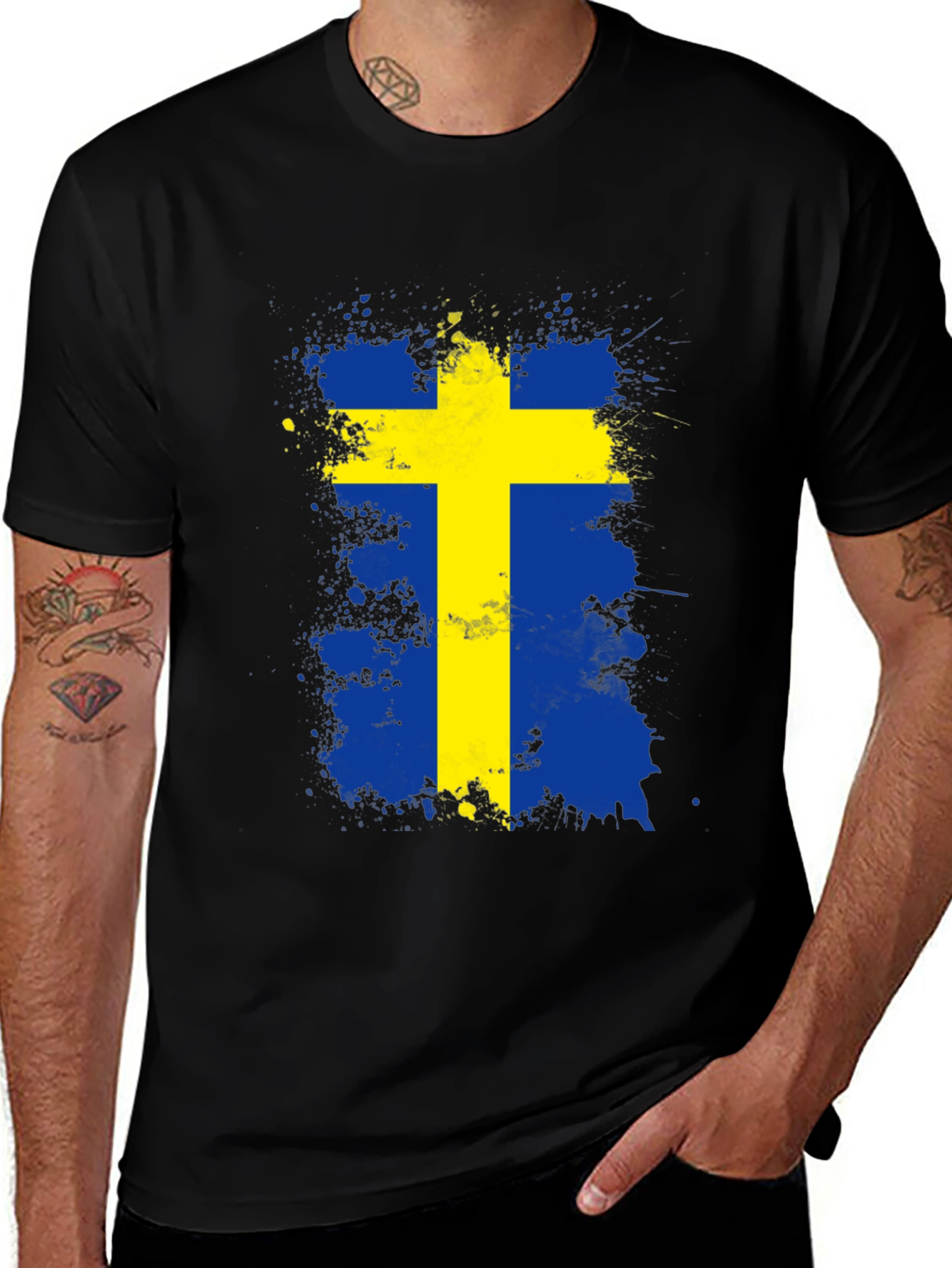 Sweden Flag Splatter Graphic Tee - Black