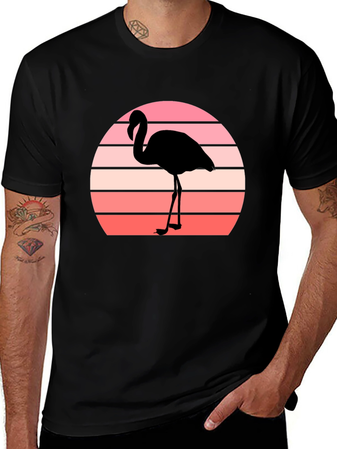 Variant 25 of Retro Flamingo Sunset Graphic Tee - Black Cotton T-Shirt