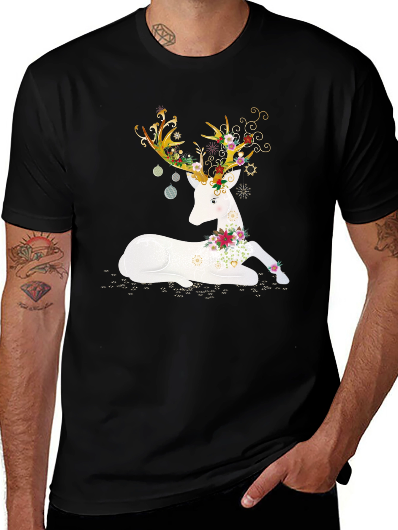 Variant 5 of Floral Deer Graphic Tee - Black Cotton T-Shirt