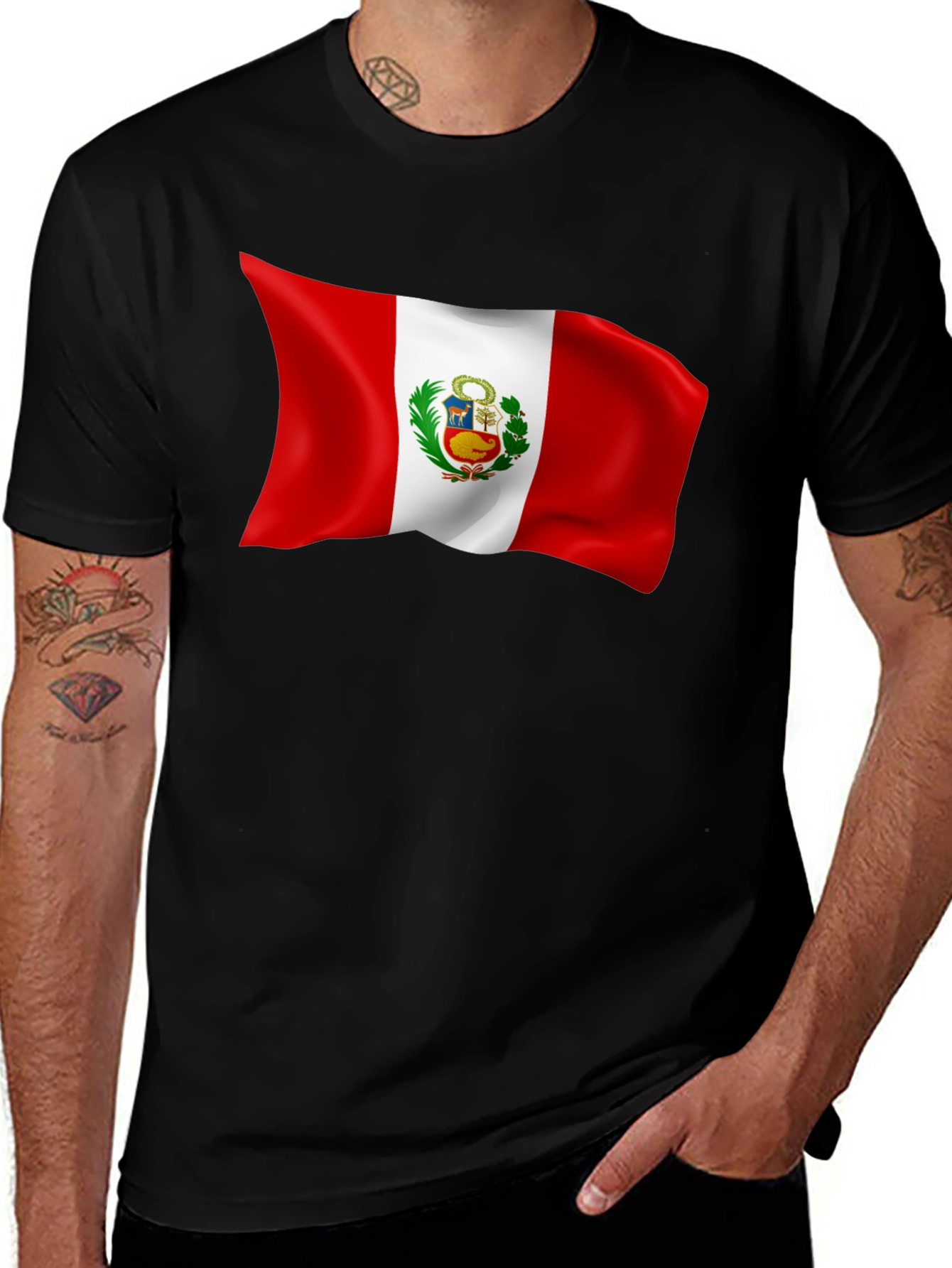 Peru Flag Graphic Tee - Black Cotton T-Shirt