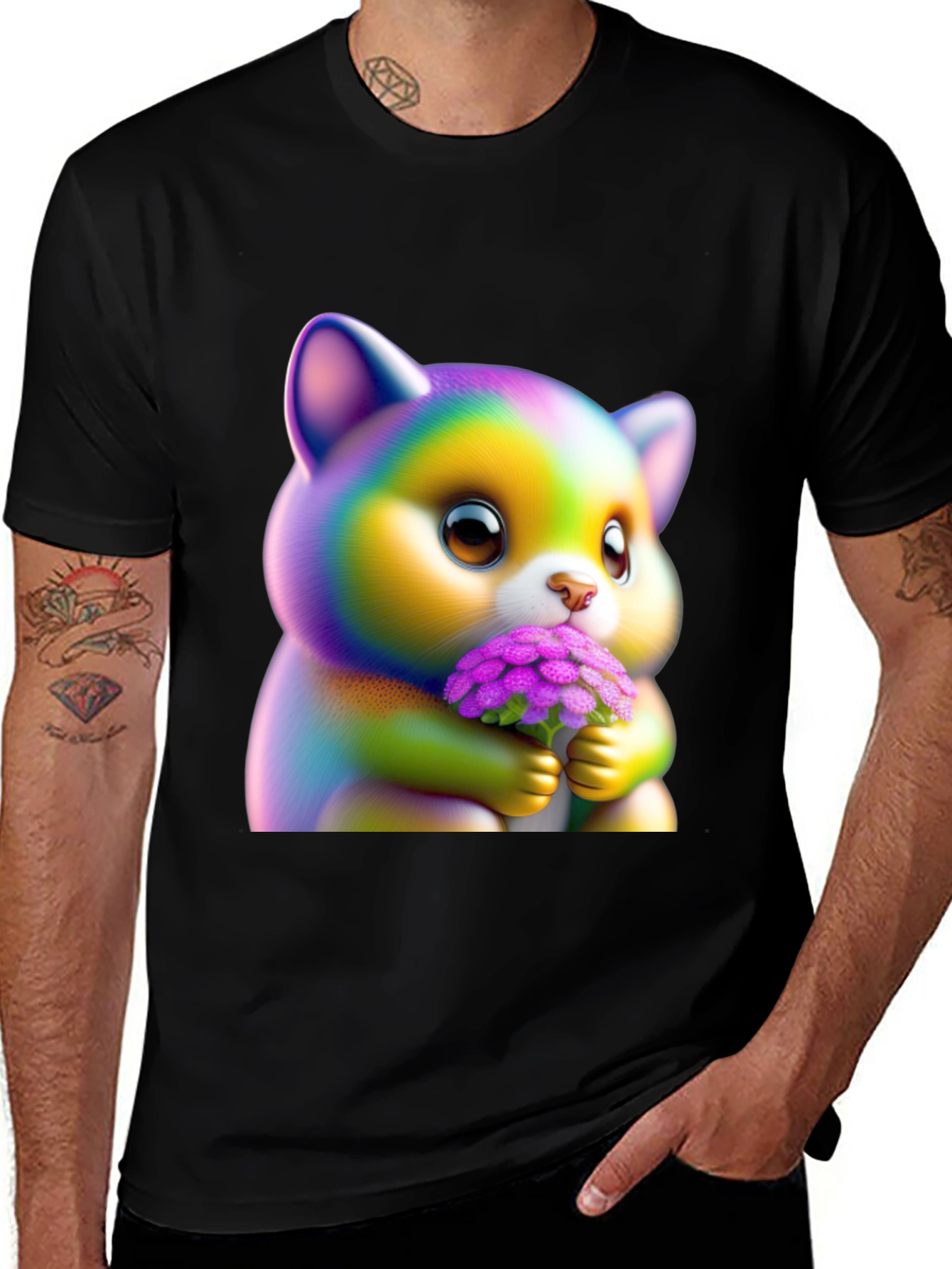 Black Cute Rainbow Kitten Holding Flowers Graphic Tee main image