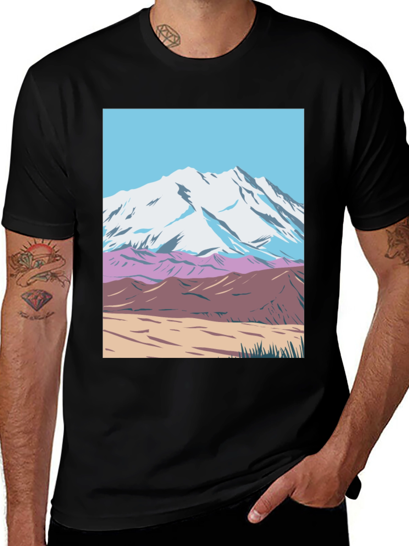 Variant 27 of Mountain Scene Graphic Tee - Black Crew Neck T-Shirt