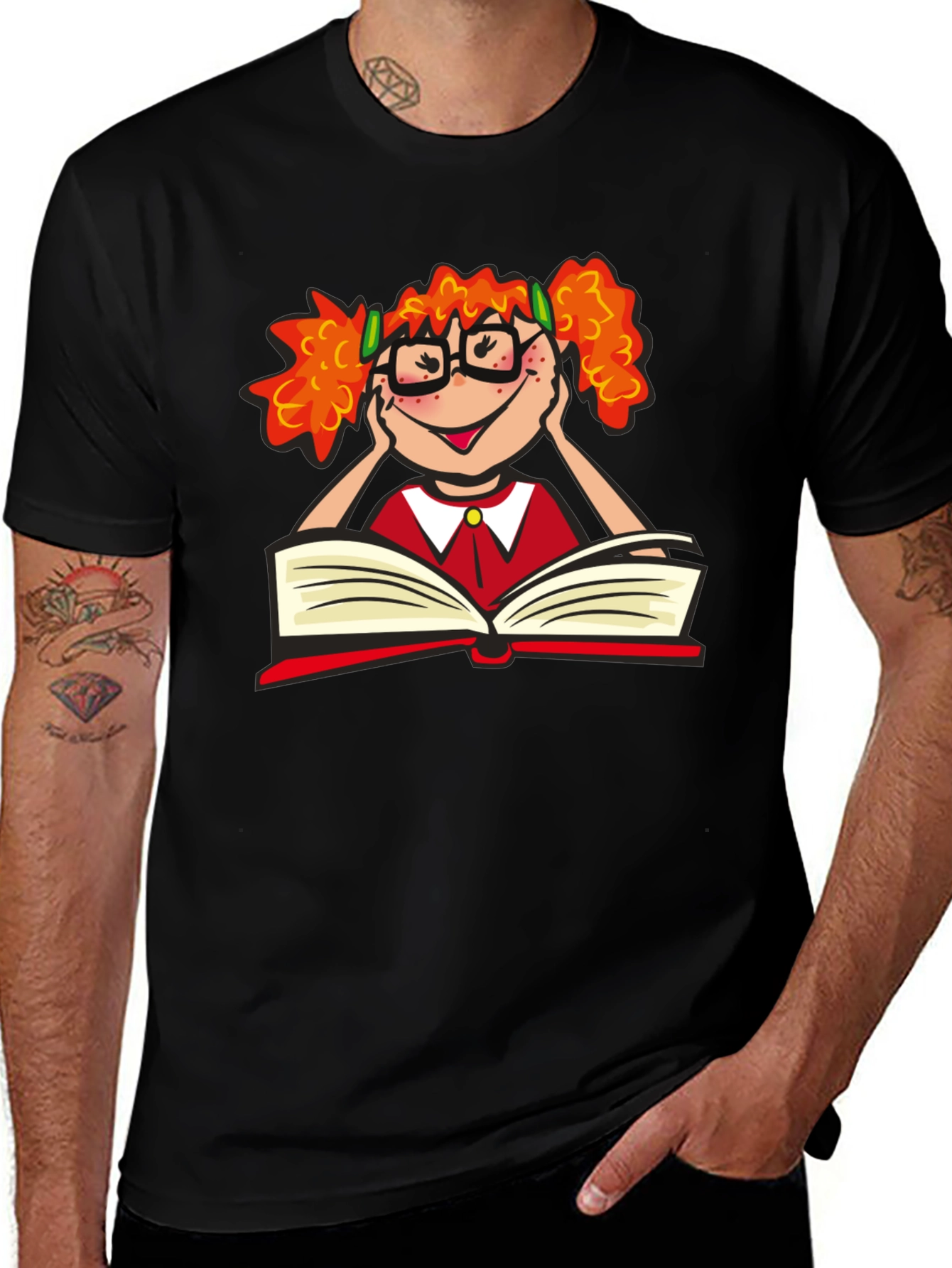 Black Nerdy Girl Reading T-Shirt - Black Cotton Tee main image