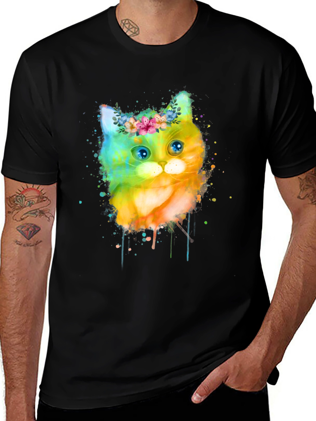 Variant 6 of Watercolor Cat T-Shirt - Floral Crown Kitten Tee