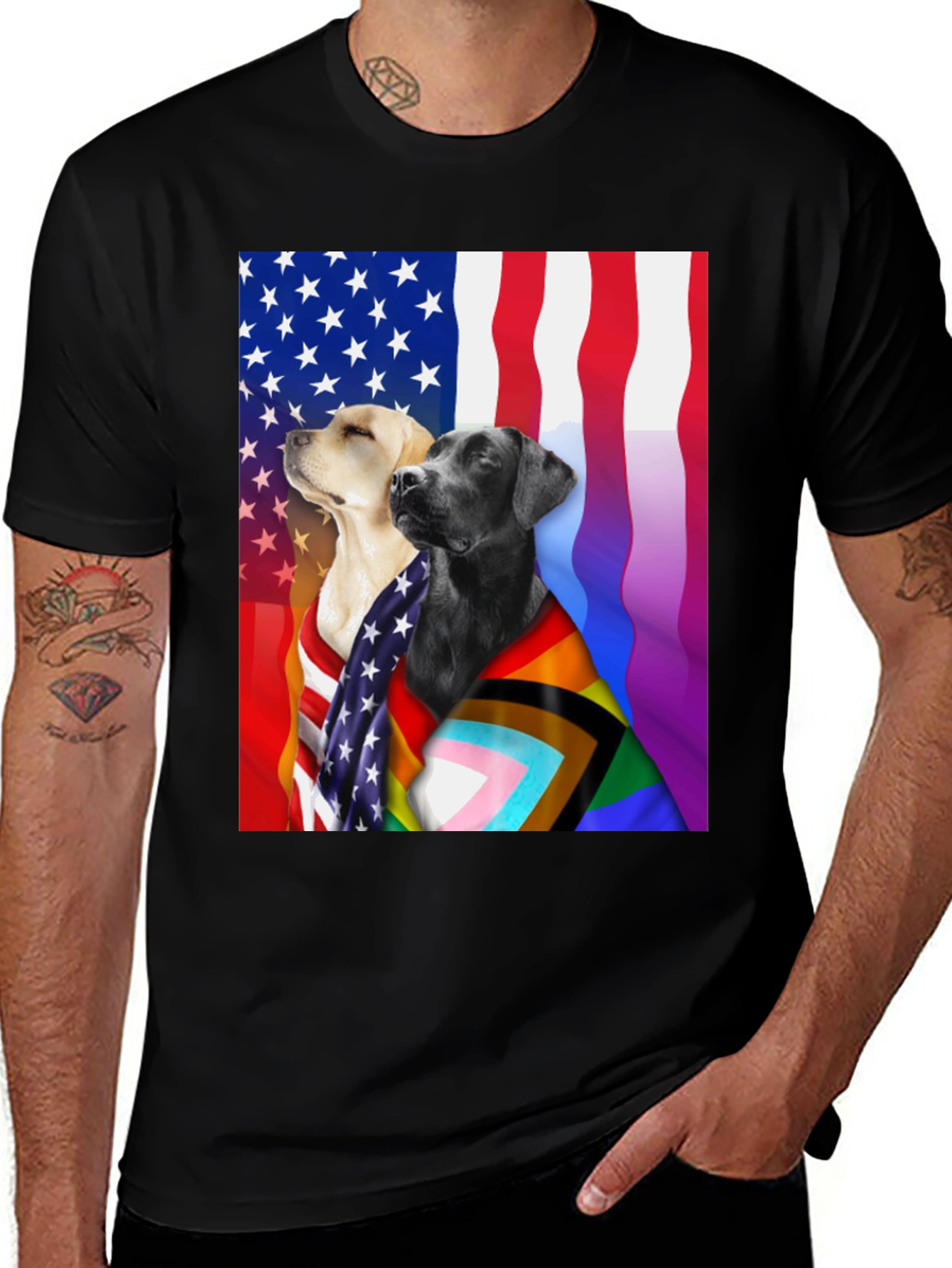 Black Patriotic Pride Dogs T-Shirt - American & LGBTQ+ Flags main image