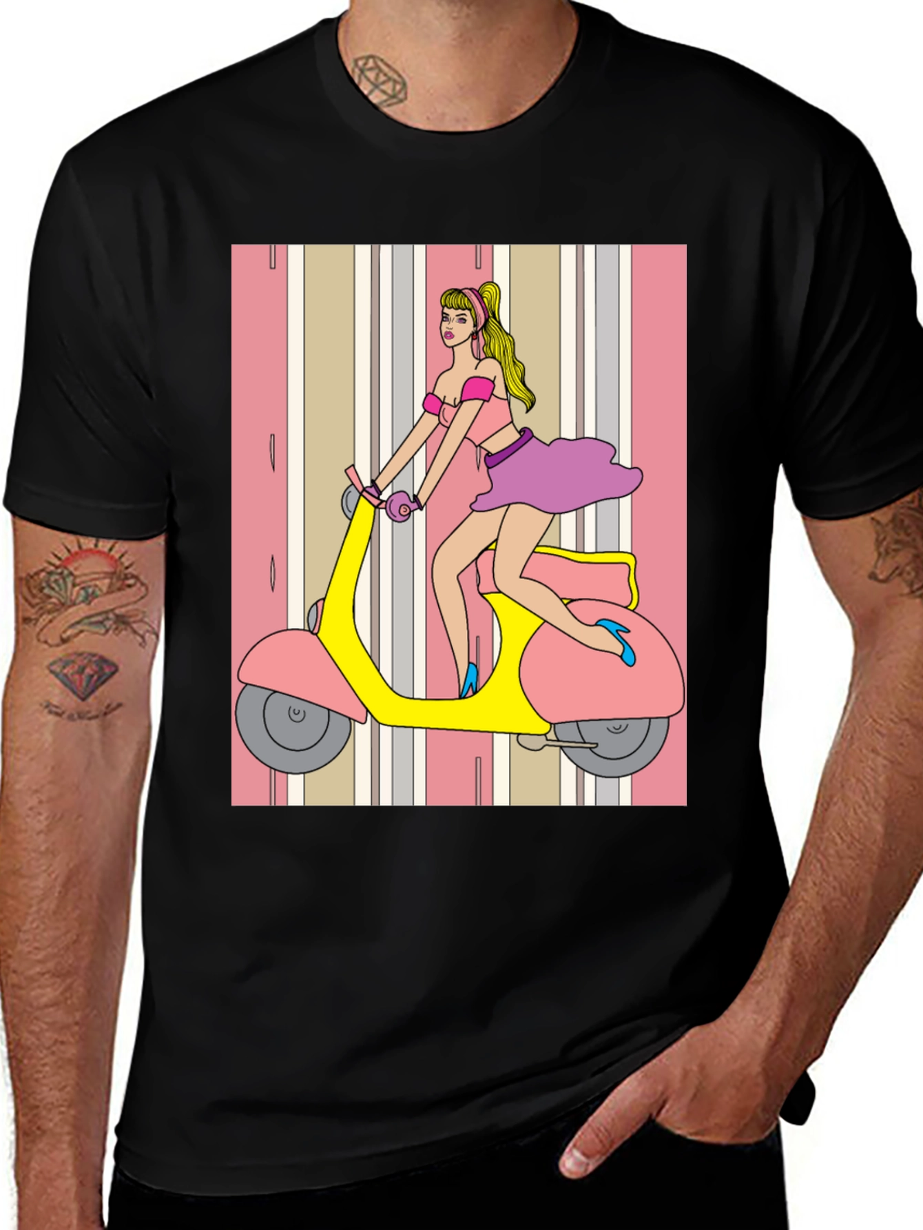 Variant 19 of Retro Girl on Scooter Black T-Shirt