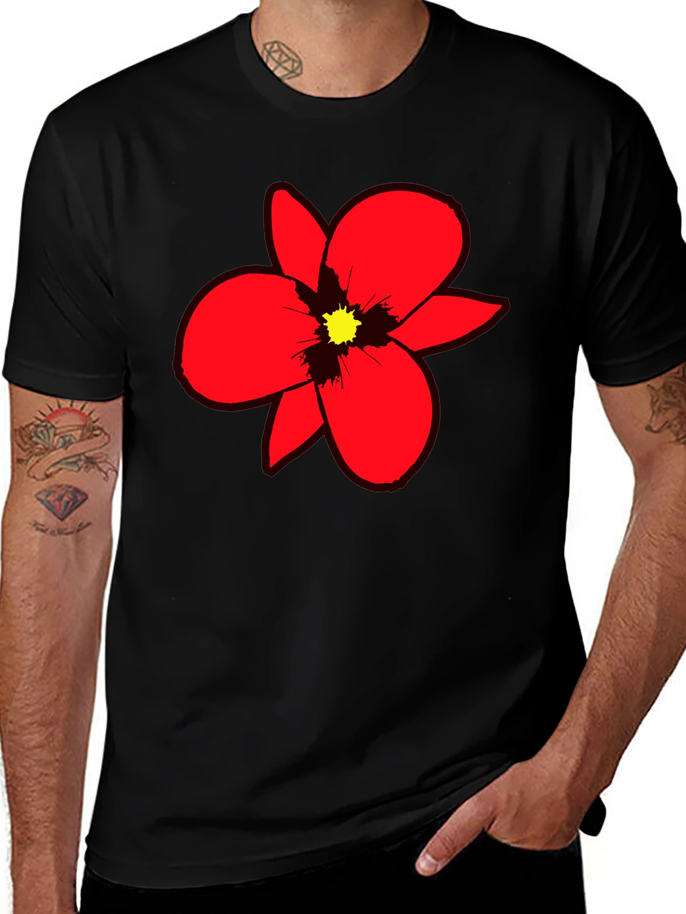 Variant 25 of Bold Red Flower Graphic Tee - Black Cotton Blend