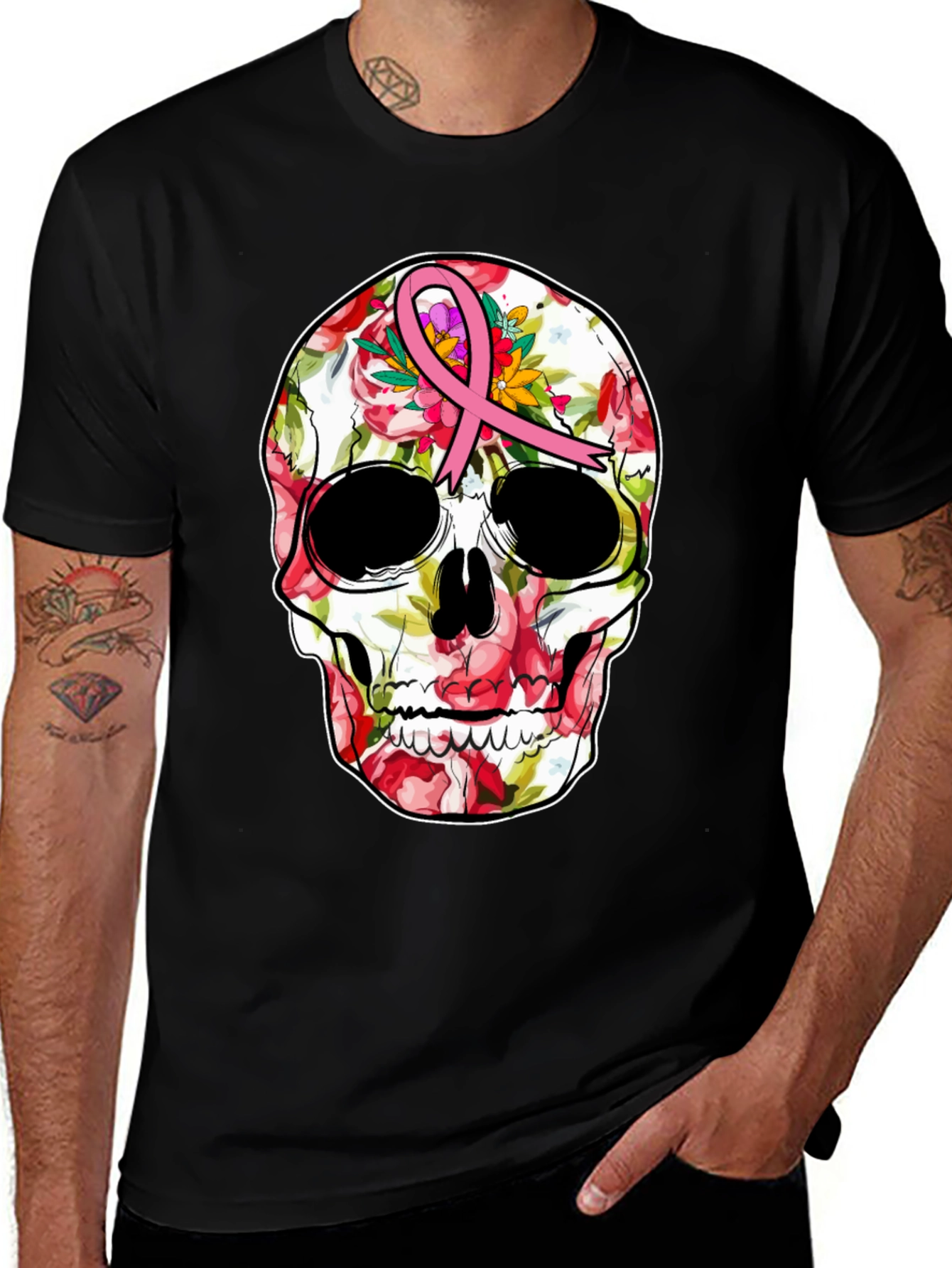 Floral Skull Breast Cancer Awareness T-Shirt